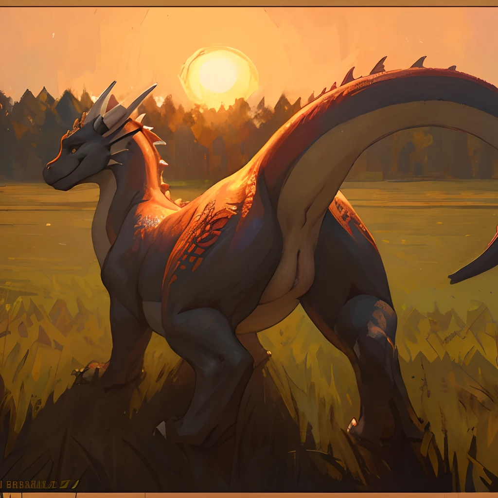 A close up of a dinosaur in a field with a sunset in the background -  SeaArt AI