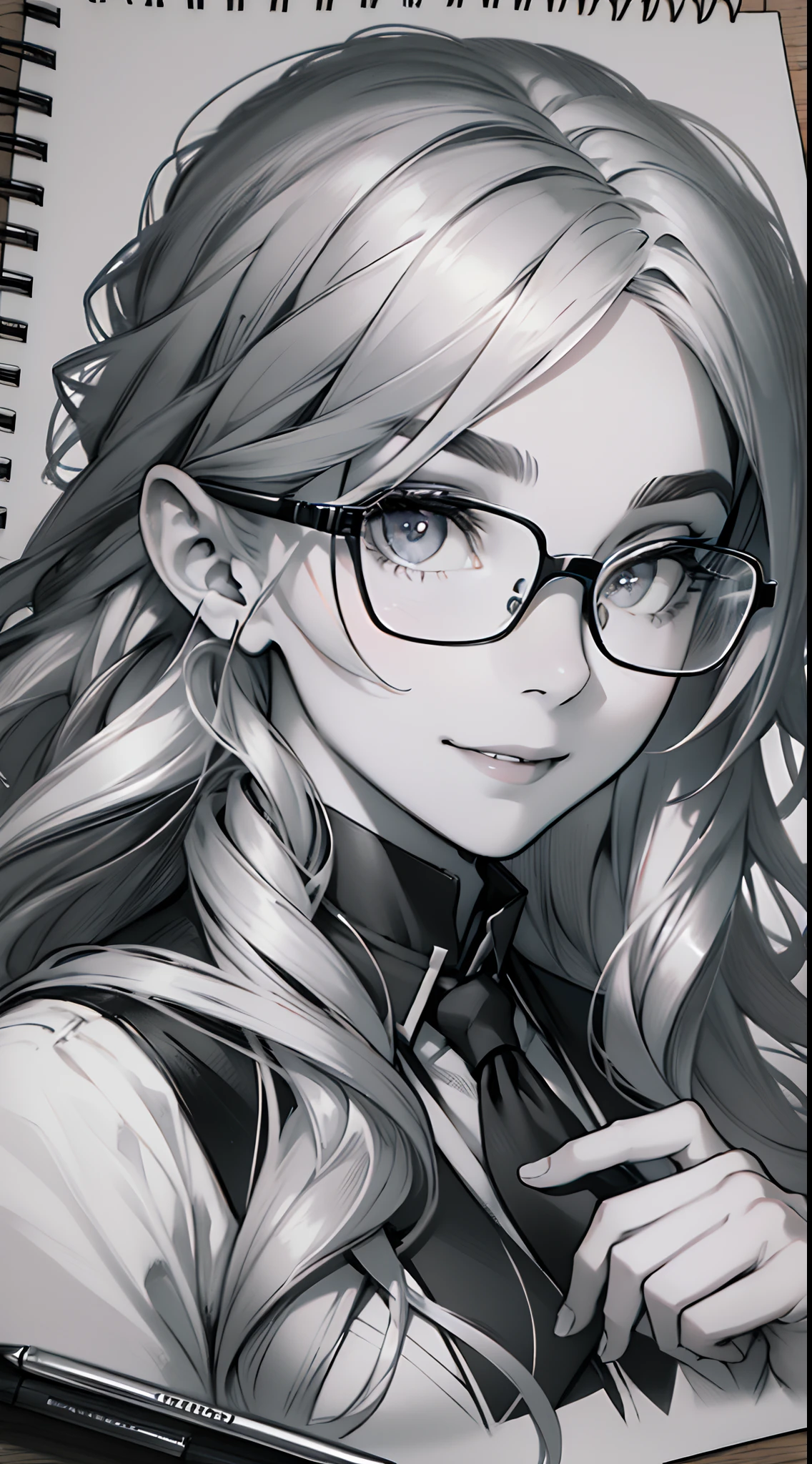 sketching，pencil drawing，Portrait of a Young Woman，longwavy hair，ssmile，Professional Dress，eye glass，Black and white picture，Black and white art，Black and white illustration，super-fine，Hair is carefully described，The eyes are carefully depicted，best qualtiy，8K分辨率