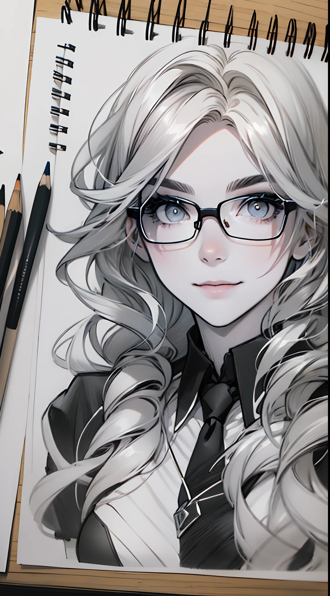 sketching，pencil drawing，Portrait of a Young Woman，longwavy hair，ssmile，Professional Dress，eye glass，Black and white picture，Black and white art，Black and white illustration，super-fine，Hair is carefully described，The eyes are carefully depicted，best qualtiy，8K分辨率