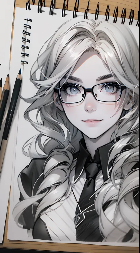 sketching，pencil drawing，Portrait of a Young Woman，longwavy hair，ssmile，Professional Dress，eye glass，Black and white picture，Bla...