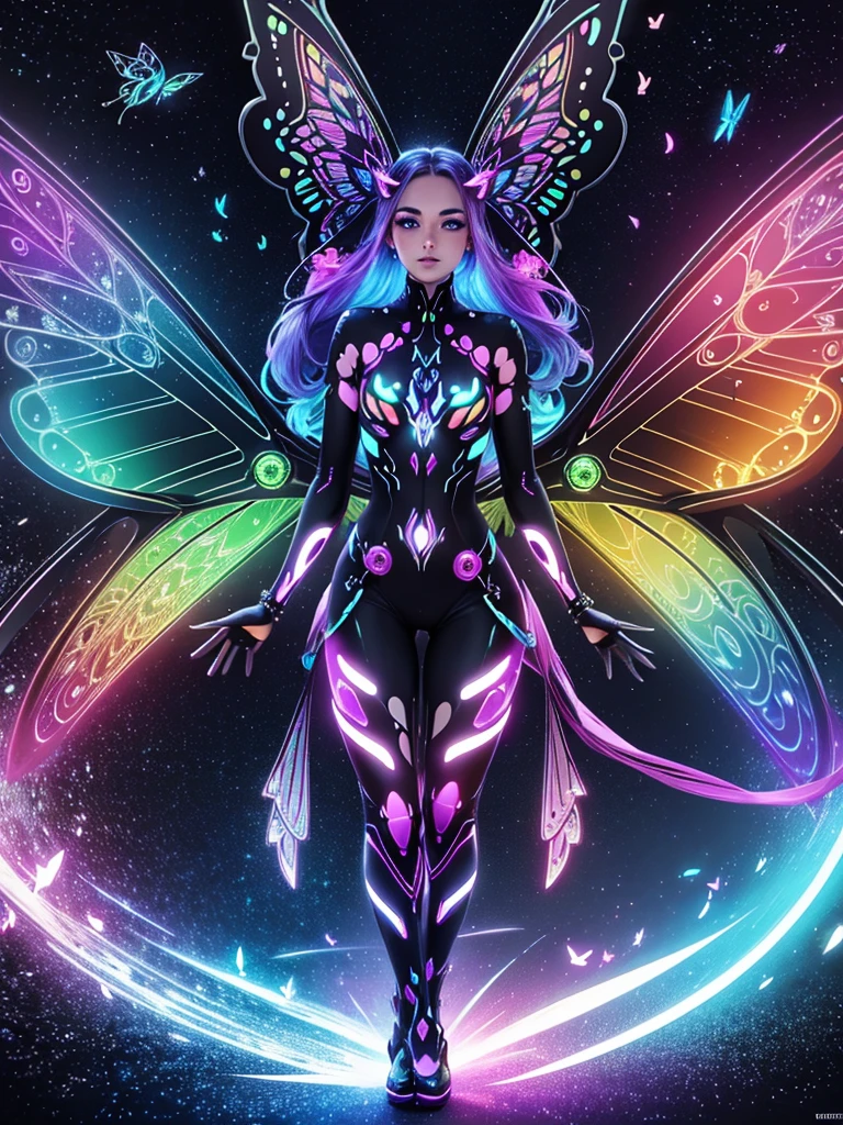 pixel sorted，Futuristic fantasy butterfly，Sci-fi butterflies，Futuristic butterflies，mechanical butterfly，Fly petals，Metal polished mechanical butterfly painting on black background,Rainbow with neon wings，Form different structures， stunning render, Magical rainbow elements,Brilliant circular rainbow composition，symetrical composition，Alone， Beautiful symmetry, Symmetrical wings, magnificent art, Symmetrical wings, Detailed digital art