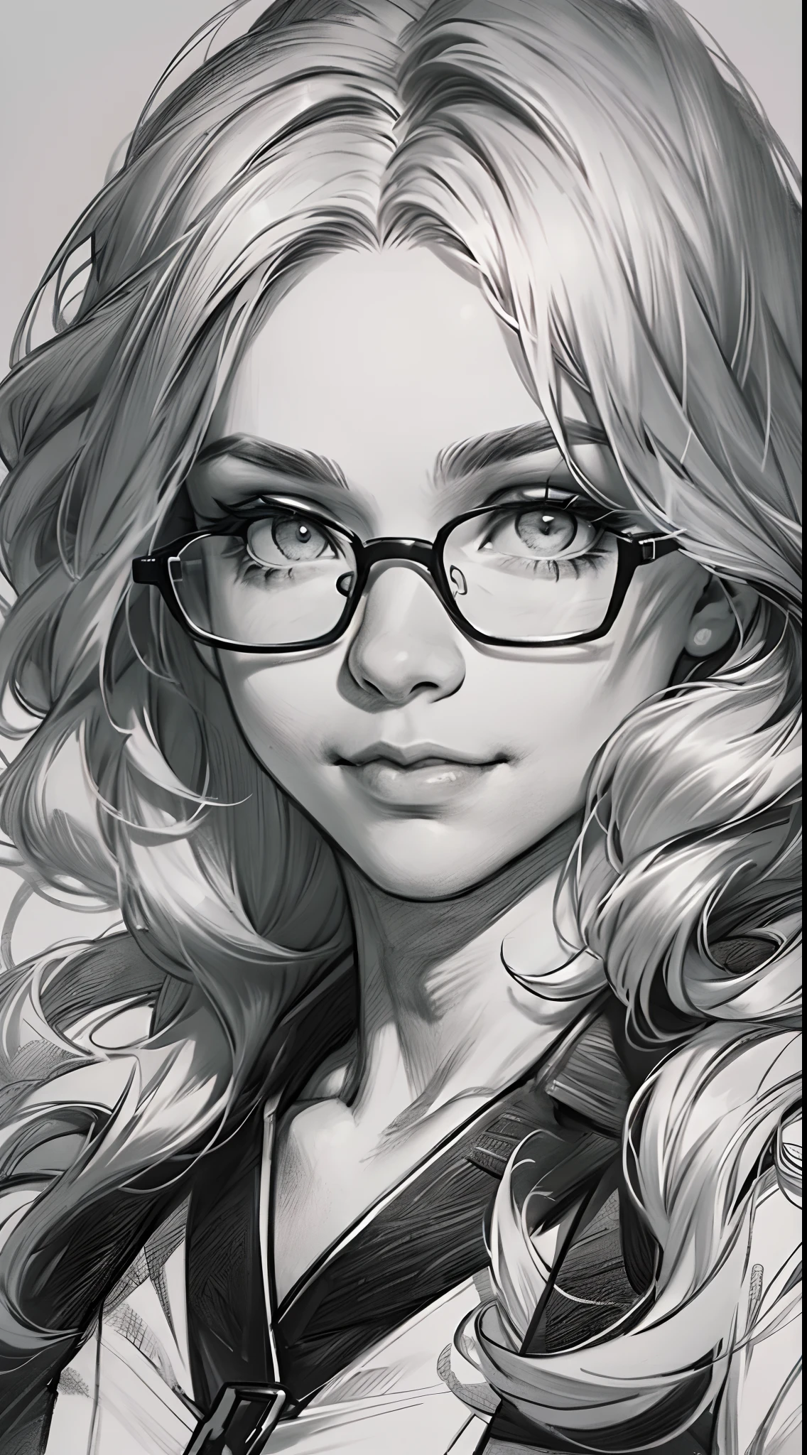 sketching，pencil drawing，Portrait of a Young Woman，longwavy hair，ssmile，Professional Dress，eye glass，Black and white picture，Black and white art，Black and white illustration，super-fine，Hair is carefully described，The eyes are carefully depicted，best qualtiy，8K分辨率