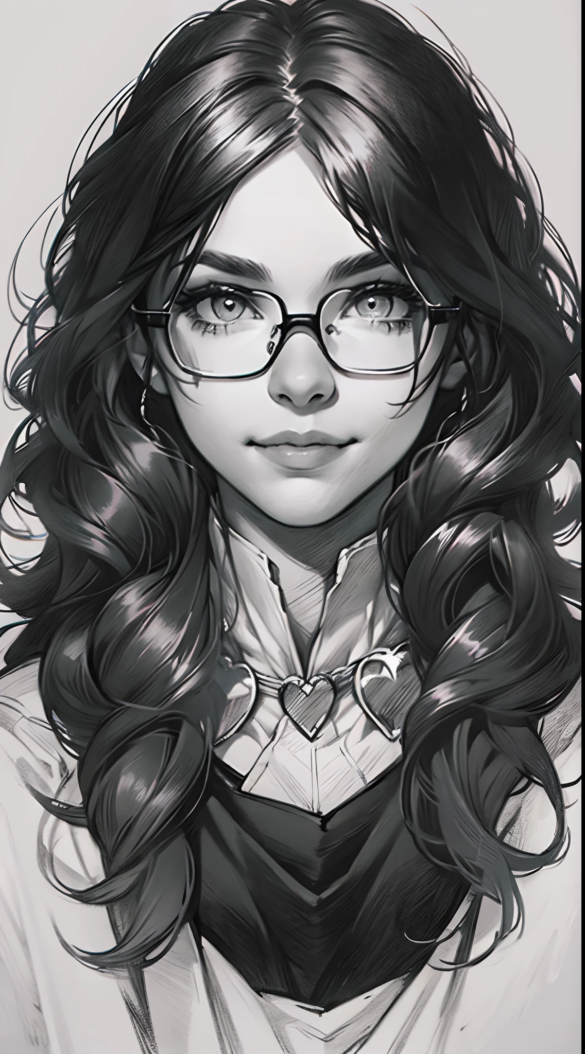 sketching，pencil drawing，Portrait of a Young Woman，longwavy hair，ssmile，Professional Dress，eye glass，Black and white picture，Black and white art，Black and white illustration，super-fine，Hair is carefully described，The eyes are carefully depicted，best qualtiy，8K分辨率