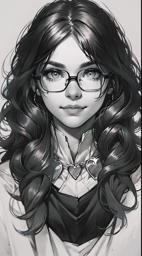 sketching，pencil drawing，Portrait of a Young Woman，longwavy hair，ssmile，Professional Dress，eye glass，Black and white picture，Bla...