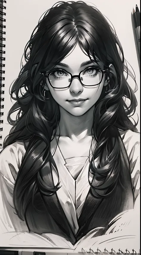 sketching，pencil drawing，portrait of a young woman，longwavy hair，ssmile，professional dress，eye glass，black and white picture，bla...