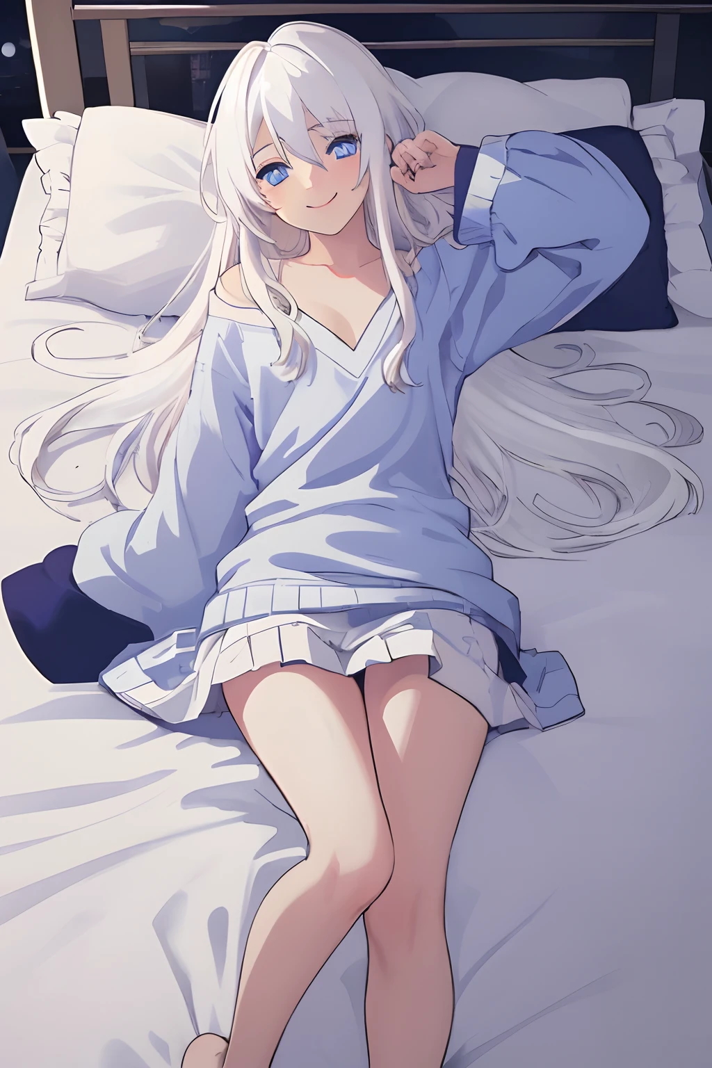 Anime - imagen de estilo de una mujer acostada en una cama con las piernas  cruzadas - SeaArt AI