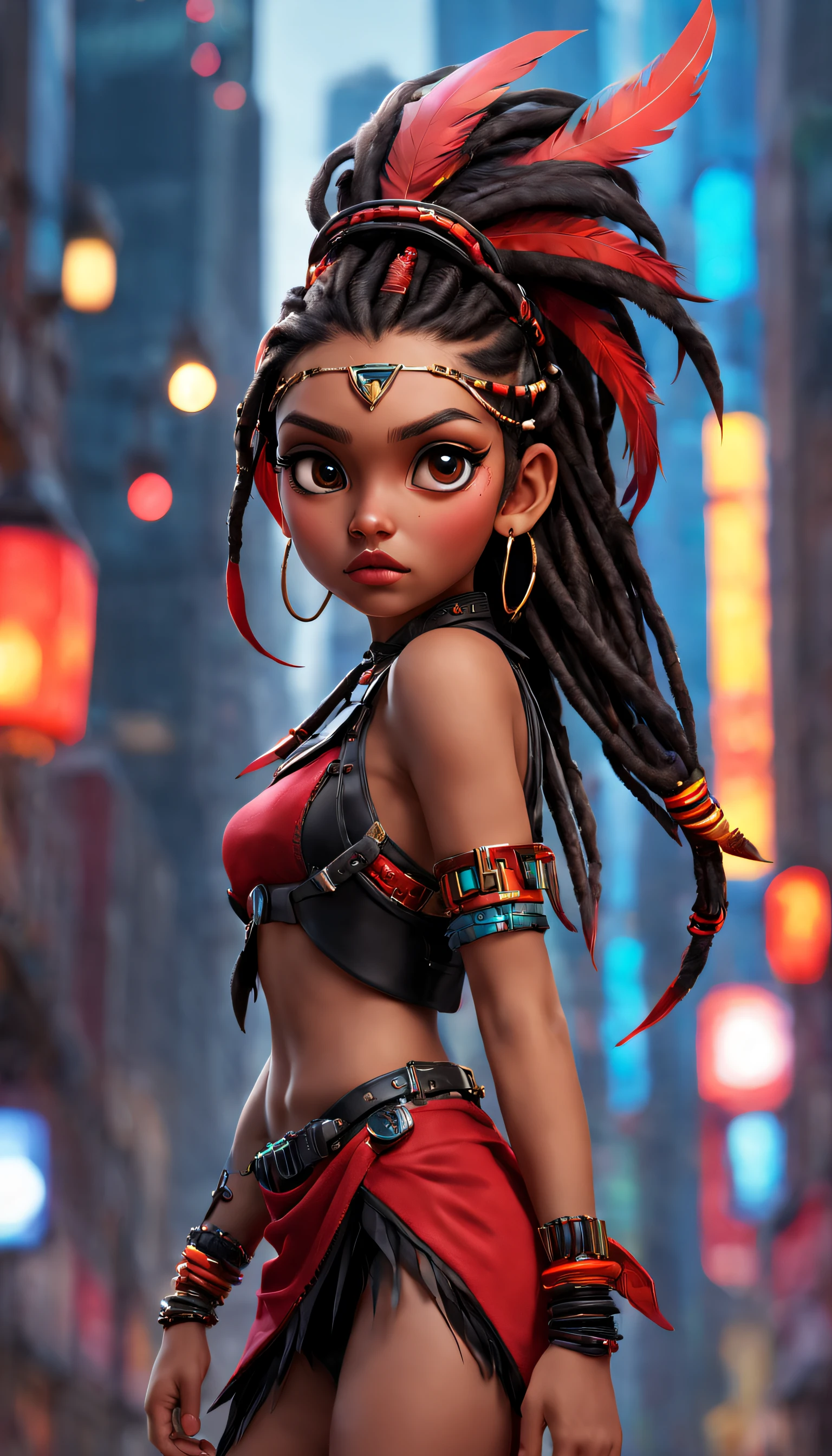 (best quality,highres,ultra-detailed,realistic:1.2),HDR,16k, UHD,studio lighting,extreme detail description,professional,vivid colors,bokeh,full body.
An indigenous girl in a futuristic world, wearing a red and black harness on top. Her long dread hair adorned with feathers cascades down her back. She confidently walks in high heels boots, each step echoing with authority. Her arm is adorned with unique accessories, showcasing her cultural heritage. The intricate patterns on her arm speak volumes about her lineage and traditions.
The girl stands against the backdrop of a futuristic cityscape. Tall sleek buildings touch the sky, their vibrant lights illuminating the surroundings. The city bustles with life and energy as flying vehicles whiz past, leaving trails of colorful streaks.
The girl's eyes captivate with their piercing intensity, reflecting both strength and wisdom. Her lips, delicately curved, hold the secrets of her story. Every detail of her face is meticulously crafted, ensuring breathtaking realism.
The overall composition bathes in vivid colors, with a strong emphasis on contrasting red and black tones. The lighting highlights the girl's features, casting soft shadows and adding depth to the scene. The bokeh effect adds a touch of magic, creating an ethereal atmosphere.
In this portrait, the fusion of indigenous culture and futuristic aesthetics creates a unique and captivating image. The girl's presence exudes power and resilience, symbolizing the inherent strength found in the convergence of tradition and progress.