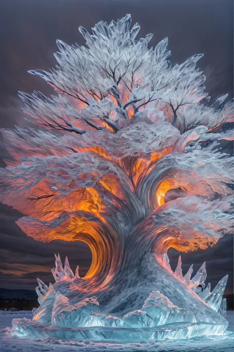 ice sculpture of a an epic tree (ice sculpture :1.5) , standing on an island surrounded flows of lava (lava: 1.2), best quality,...