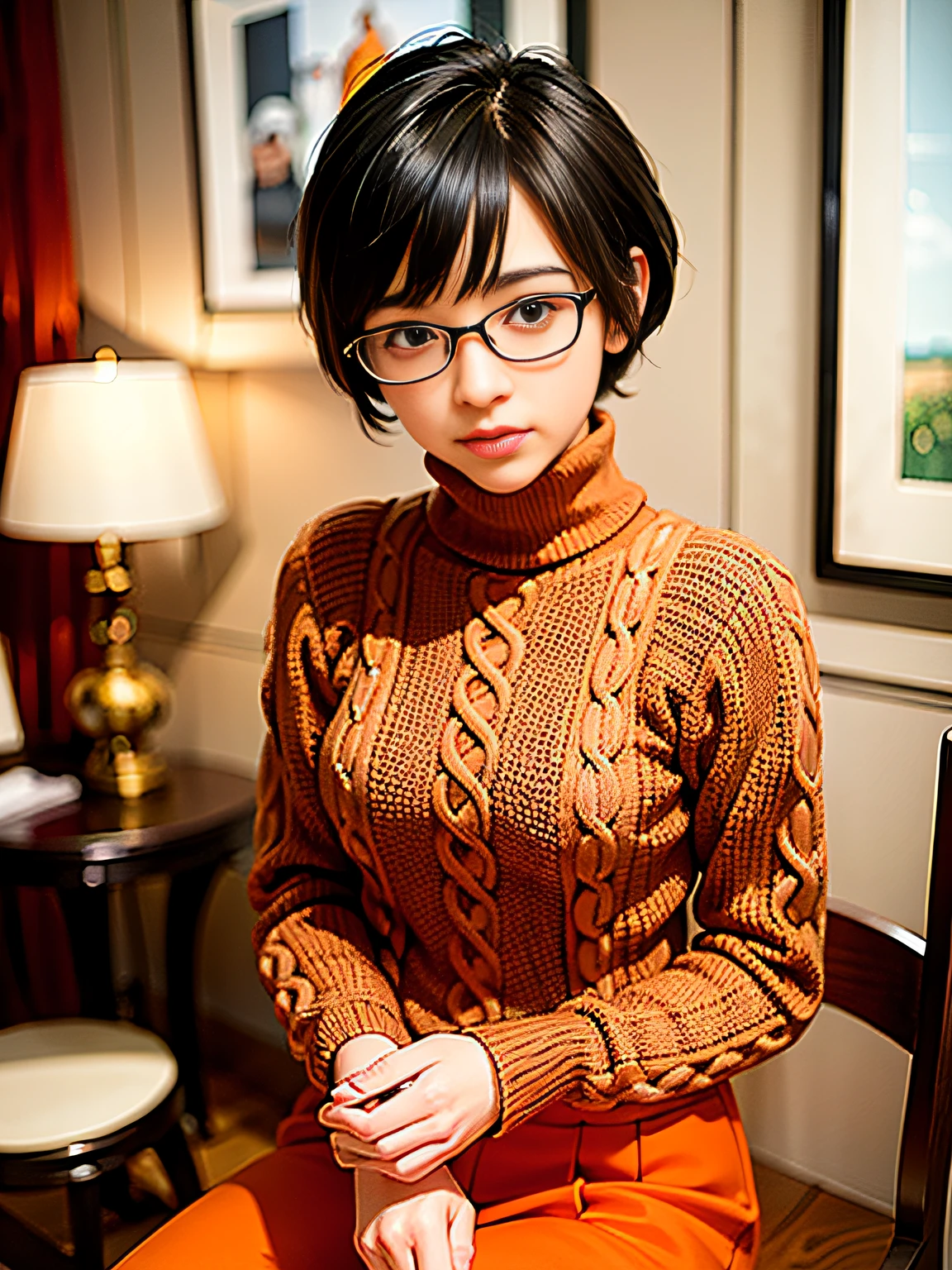 a tutor posing for a photo, (pixie_cut short_hair:1.2)
good hand,4k, high-res, masterpiece, best quality, head:1.3,((Hasselblad photography)), finely detailed skin, sharp focus, dynamic angle, (detailed face:1.2), (((5 stars hotel))), outside, tiny_head:1.2, cable_knit:1.2, turtleneck:1.4, Eyes in good shape。Brown-eyed、dark brown short hair、good lips、Small lips、Natural_makeup、Best Quality, masutepiece, ultra-detail, (cable_knit turtleneck :1.5), (orange_colored_sweaters:1.5), big_eyeglasses:1.5 超A high resolution, Realistic,wide_angle,  tiny head, ((((solo)))), red_skirt:1.5, sitting