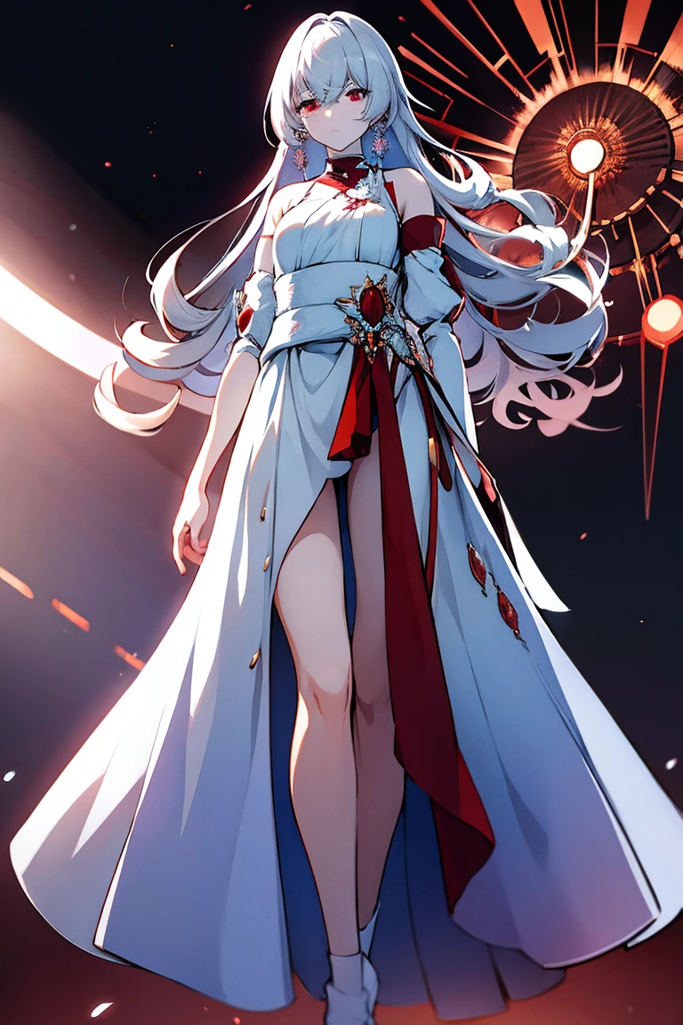 White-haired woman,Red aura around,Beautiful red eyes,White gauze dress, thin, It covers all vital organs except the face........., Wear a knee-length white dress..........,The arm does not reach the top of the hip..........,The arms are small........, But the ligaments are very large..........,Soft hands,at night,red moon,turned sideways,Hair piercing