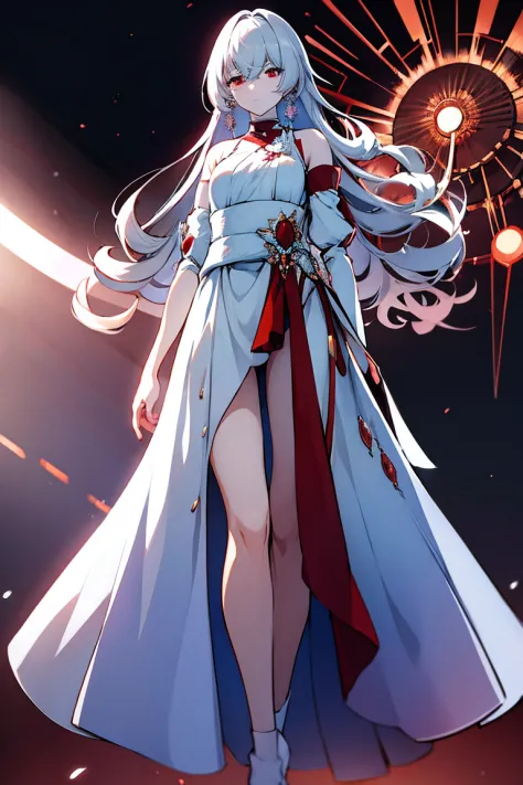 White-haired woman,Red aura around,Beautiful red eyes,White gauze dress, thin, It covers all vital organs except the face..........