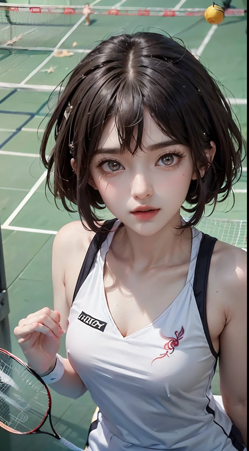 (bird's eyes view, Badminton player:1.5), Accurate anatomical details:1.5, tmasterpiece, top-quality:1.5, (actual:1.4), (RAW photos:1.4), extremely detaild的 CG unified 8k wallpapers, Exquisite, Meticulous attention to detail, offcial art, (Beautiful eyes and face:1.5), The details of the eyes are exquisite，The face glows, one-girl, Short hair details, (fully body photo:1.5), Badminton costume:1.5, Badminton court,Standing on the badminton court, There are many badminton balls on the ground.