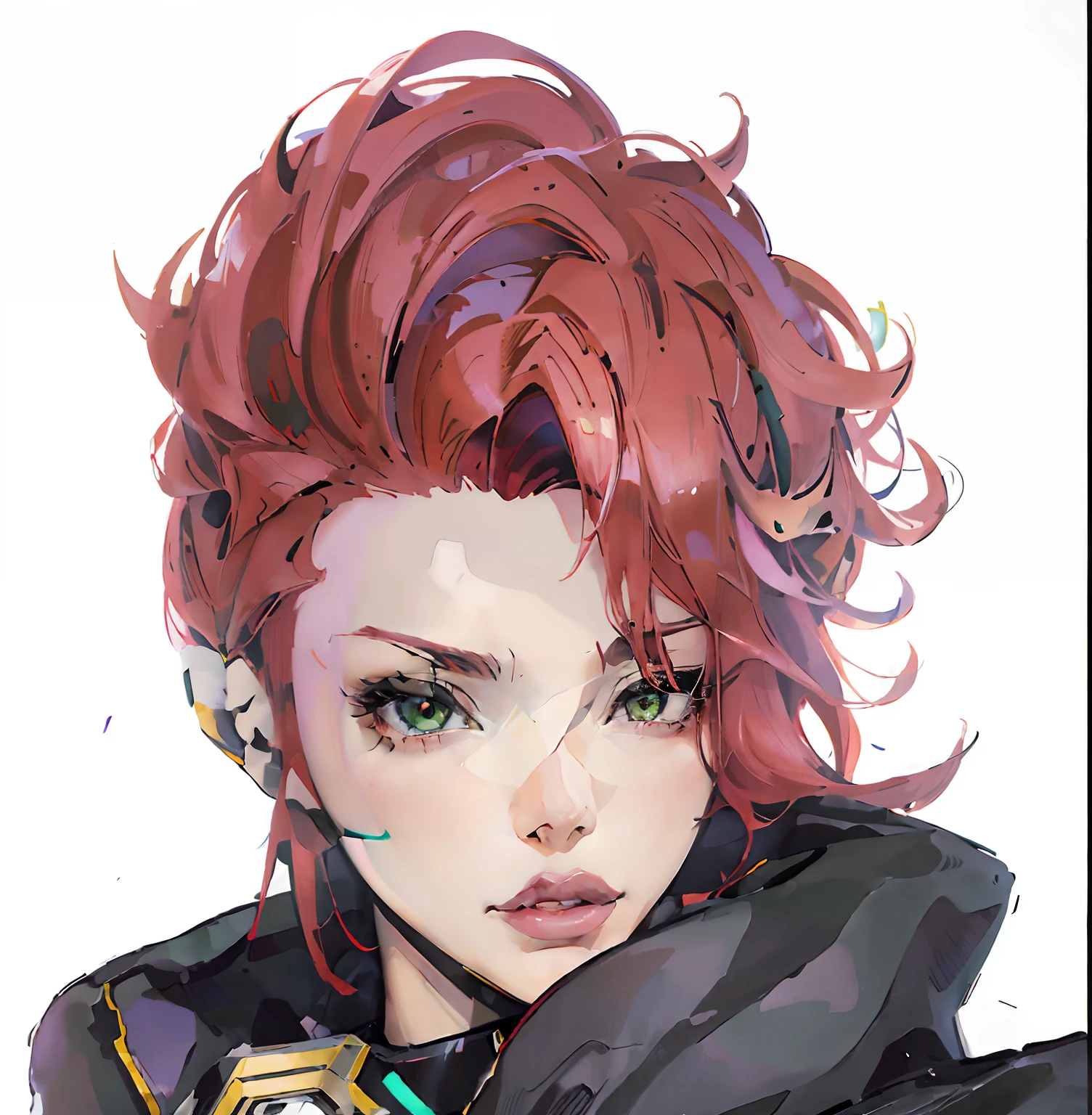 Anime - Stylistic image of a woman with red hair and green eyes, 《Overwatch》Moira, made with anime painter studio, drawn in anime painter studio, Anime style portrait, concept headshot art, 《Overwatch》Brigitte, anime character portrait, Art Style WLOP, Redhead female cyberpunk,