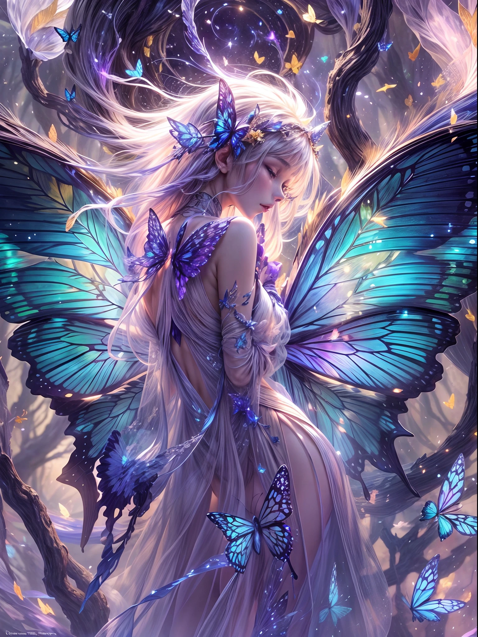 (Papillon étoilé: 1.5), Papillon géant, ailes de papillon, Les papillons volent, Papillon géant étoilé dans le ciel étoilé de la nuit, Entouré par la lumière des étoiles galactiques, Le patron de Dark Souls, Moonlight Butterfly, Danser dans cette forêt mystérieuse, Les ailes délicates sont aussi claires que des cristaux transparents，Chatoyant d&#39;une douce lueur。Chaque aile est incrustée de cristaux brillants et colorés，Du bleu au violet，Il brille de l&#39;éclat de la lumière des étoiles，Une légère lueur bleue)。Le fond est une forêt fantastique d&#39;elfes，Les arbres sont verdoyants，De minuscules elfes flottaient parmi les feuilles，Ils scintillent，Laisse une trace de marques brillantes dans la forêt, Bioluminescence，avec dynamisme，Coloré，couleurs，（avec une lumière brillante，avec une lumière brillante），（belle composition），lumière，complexe，（ailes de papillon are symmetrical: 1.0），de façon fantaisiste，Surréalisme, Futurisme cubiste, Ghibli-like couleurs, vue à la première personne, Grand angle, UHD, chef-d&#39;œuvre, précis, Anatomiquement correct, peau texturée, Super détail, détails élevés, primé, 8k