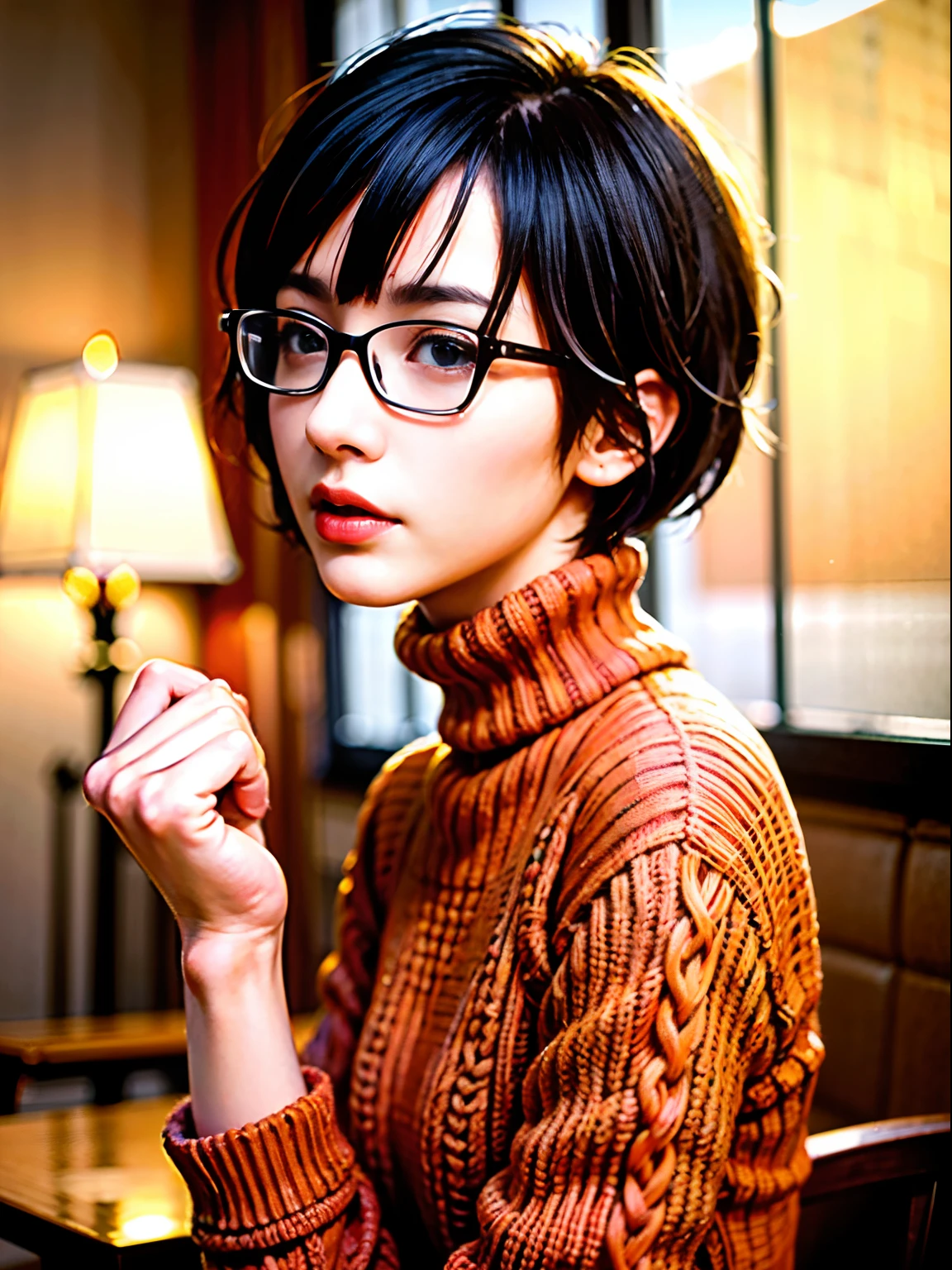 Kinky real life Velma from scooby doo, (pixie_cut short_hair:1.9) good hand,4k, high-res, masterpiece, best quality, head:1.3,((Hasselblad photography)), finely detailed skin, sharp focus, dynamic angle, (detailed face:1.2), (((5 stars hotel))), outside, tiny_head:1.2, cable_knit:1.2, turtleneck:1.4, Eyes in good shape。Brown-eyed、dark brown short hair、good lips、Small lips、Natural_makeup、Best Quality, masutepiece, ultra-detail, (cable_knit turtleneck :1.5), (orange_colored_sweaters:1.5), big_eyeglasses:1.5 超A high resolution, Realistic,wide_angle, tiny head, ((((solo)))),