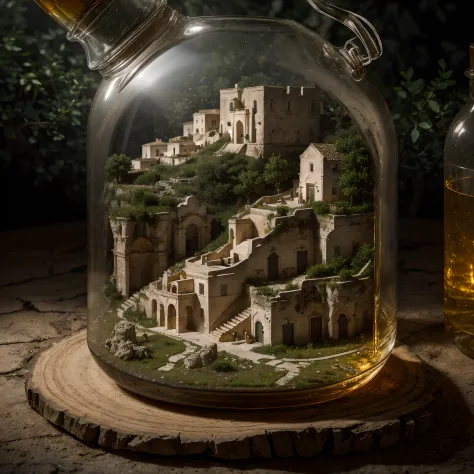 (An intricate minitown Matera landscape trapped in a bottle), atmospheric oliva lighting, on the table, 4k UHD, dark vibes, hype...