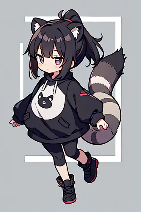 raccoon costume、solo, girl, full body, black hair, pony tail