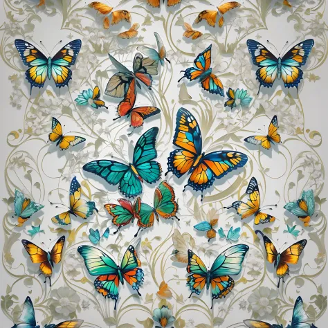 (White background: 1.4), (Symmetrical: 1.5), (Masterpiece butterfly, in the middle, Western elements), (European-chic illustration: 1.2, Vector painting: 1.2), (Western colors, premium color scheme), (Design Reasonable, Clean Lines, High Definition, Best Q...