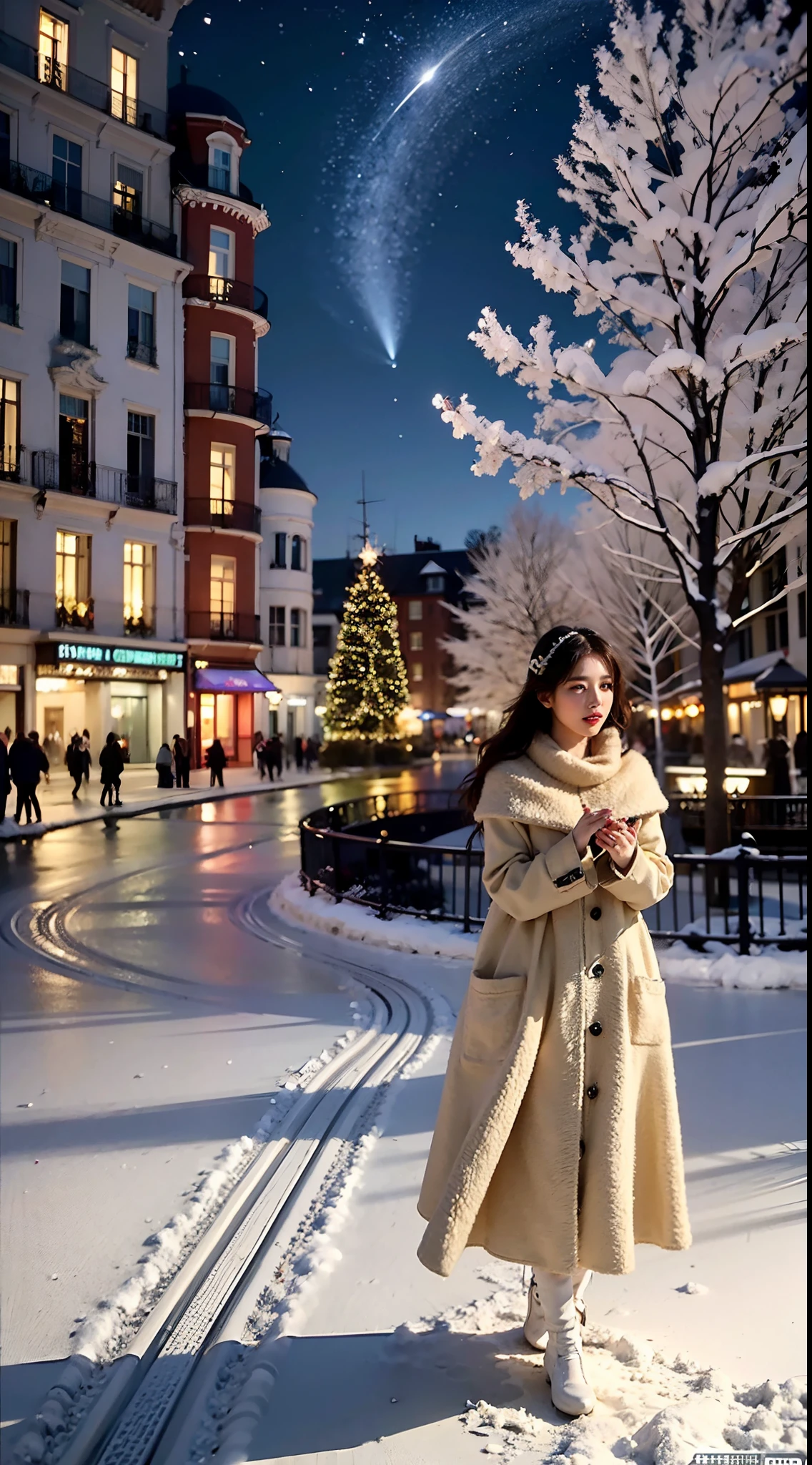 Realistic full body portrait of a woman in the center, Festive Christmas themed sea art set in the background. night cityscape, Shining with Christmas illuminations. gentle snow-covered scenery, Create a calm and fantastic atmosphere. The woman, Standing in the center, Wear warm winter clothes, be satisfied with beautiful things、looks peaceful, The sparkle of the city reflected in her eyes. Atmosphere reminiscent of a Christmas night by the sea, With the city lights shining on the water surface, add enchantment.