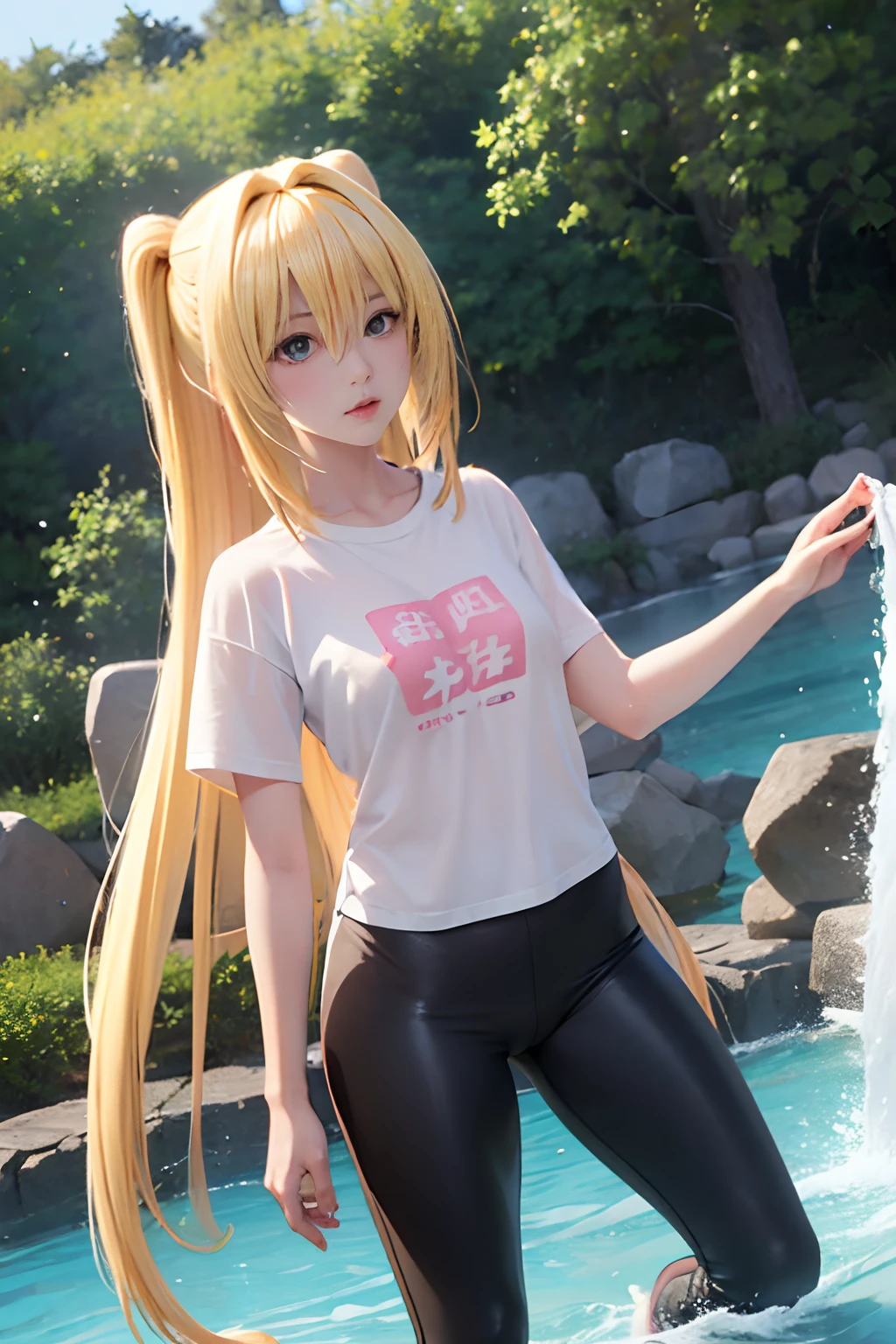 realisticlying、女の子 1 人、a blond、Longhaire、Twin-tailed、radiant eyes、small tits、((Wet T-shirt)), pointed Nipple、((yoga pant))、Taken from the front, Put your hands on your hips