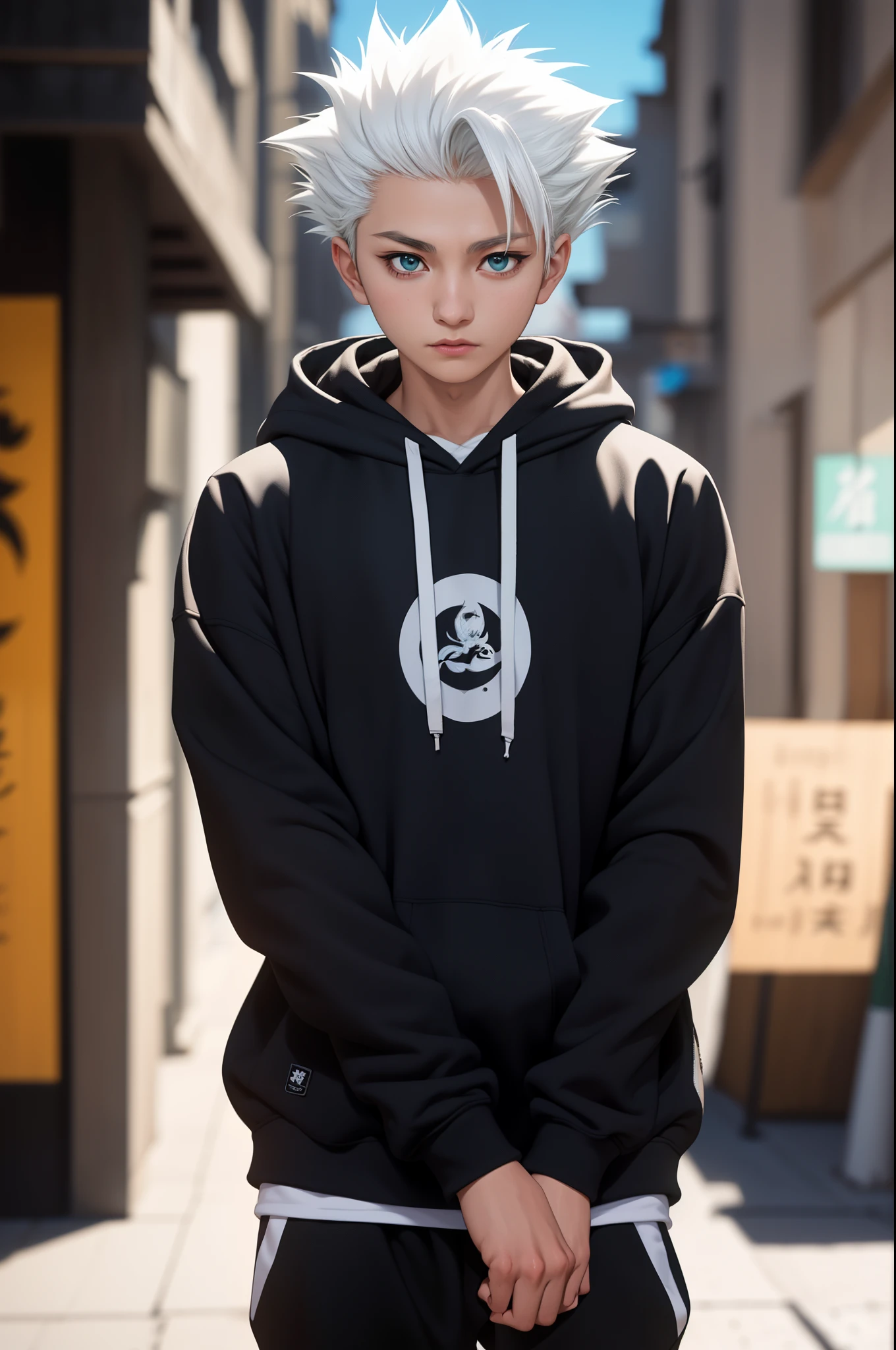 obra de arte, melhor qualidade, alta qualidade, 1 menino, Sozinho, foco masculino, Olhando para o visualizador, tronco, hitsugaya_Toushirou, vestindo moletom com capuz streetwear, iluminação dinâmica, fundo desfocado