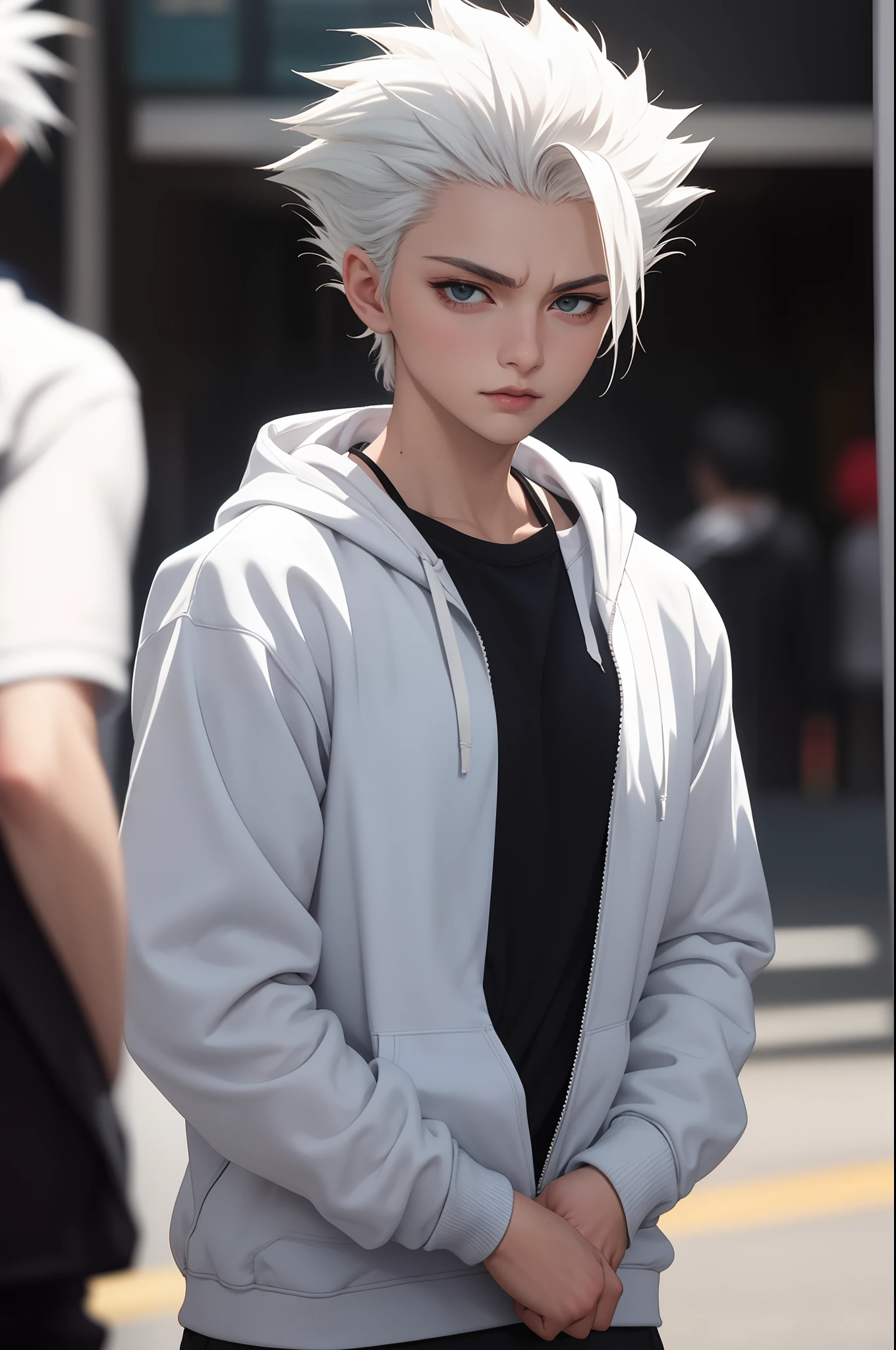 obra de arte, melhor qualidade, alta qualidade, 1 menino, Sozinho, foco masculino, Olhando para o visualizador, tronco, hitsugaya_Toushirou, vestindo moletom com capuz streetwear, iluminação dinâmica, fundo desfocado