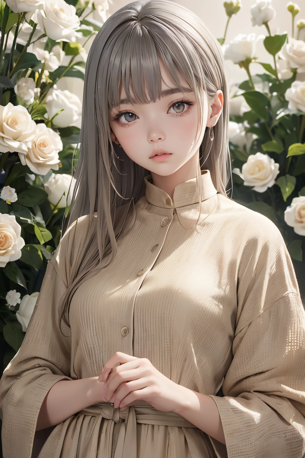(((Beige World:1.3)))、Best Quality, masutepiece, High resolution, (((1girl in))), sixteen years old,(((Eyes are gray:1.3)))、Beige dress、((Beige shirt:1.3、Beige Color Block Dress)), Tindall Effect, Realistic, Shadow Studio,Ultramarine Lighting, dual-tone lighting, (High Detail Skins: 1.2)、Pale colored lighting、Dark lighting、 Digital SLR, Photo, High resolution, 4K, 8K, Background blur,Fade out beautifully、florals、Flowers in the background、Beige World