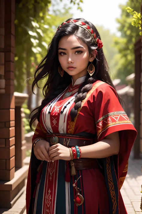 One of the works depicts a young indigenous woman, wearing traditional red and black clothing, with details and accessories that...