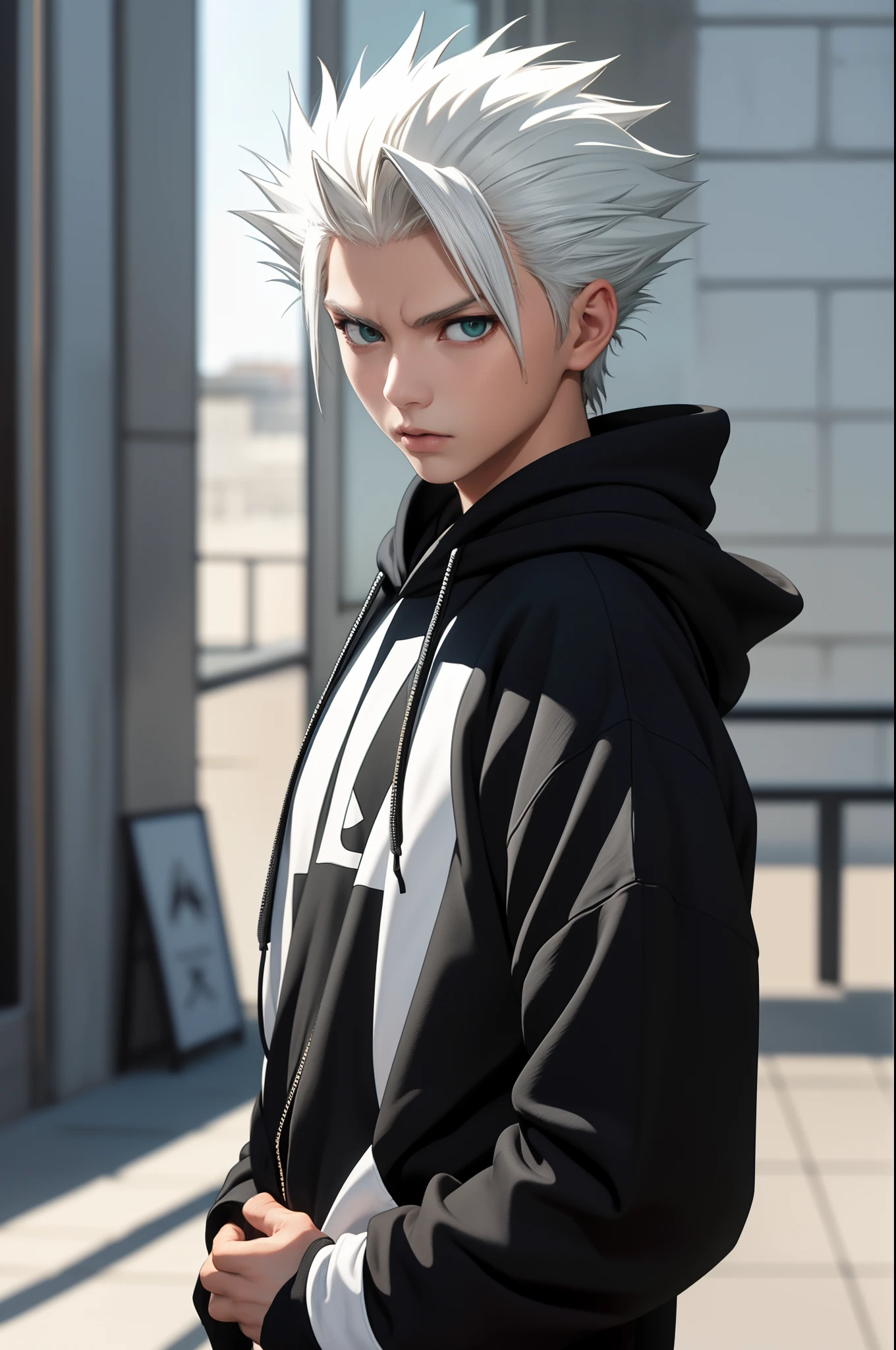 Meisterwerk, beste Qualität, gute Qualität, 1 Junge, Allein, männlicher Fokus, Betrachter betrachten, Oberkörper, hitsugaya_toushirou, trage Streetwear Hoodie, dynamische Beleuchtung, unscharfer Hintergrund