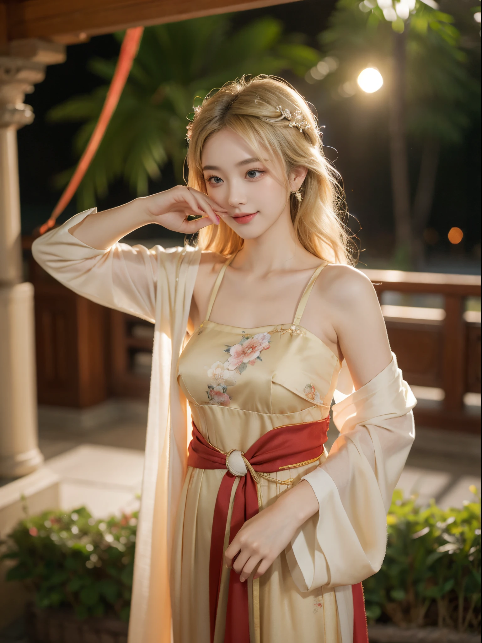 ((upper body)), Shot from a random perspective, ancient chinese beauti, Swing, posed for photo, ellegance, dignified, slim, Slimming the waist, curlies, period costume, Hanfu, Tang suit, cropped shoulders, China-style, Floral, Pattern, high-waist, Nice belt, golden hair, warm lights, Warm tones Slender legs, Cross ed leg, the night, rays of moonlight, warm lights, a warm color palette, Dynamic pose, posing elegantly, blonde hair, streaked hair, hair ornament, heart-shaped pupils, makeup, light smile, shy, licking lips, Romanticism, Social realism, chiaroscuro, motion blur, anaglyph, Sony FE GM, UHD, masterpiece, textured skin, super detail, best quality