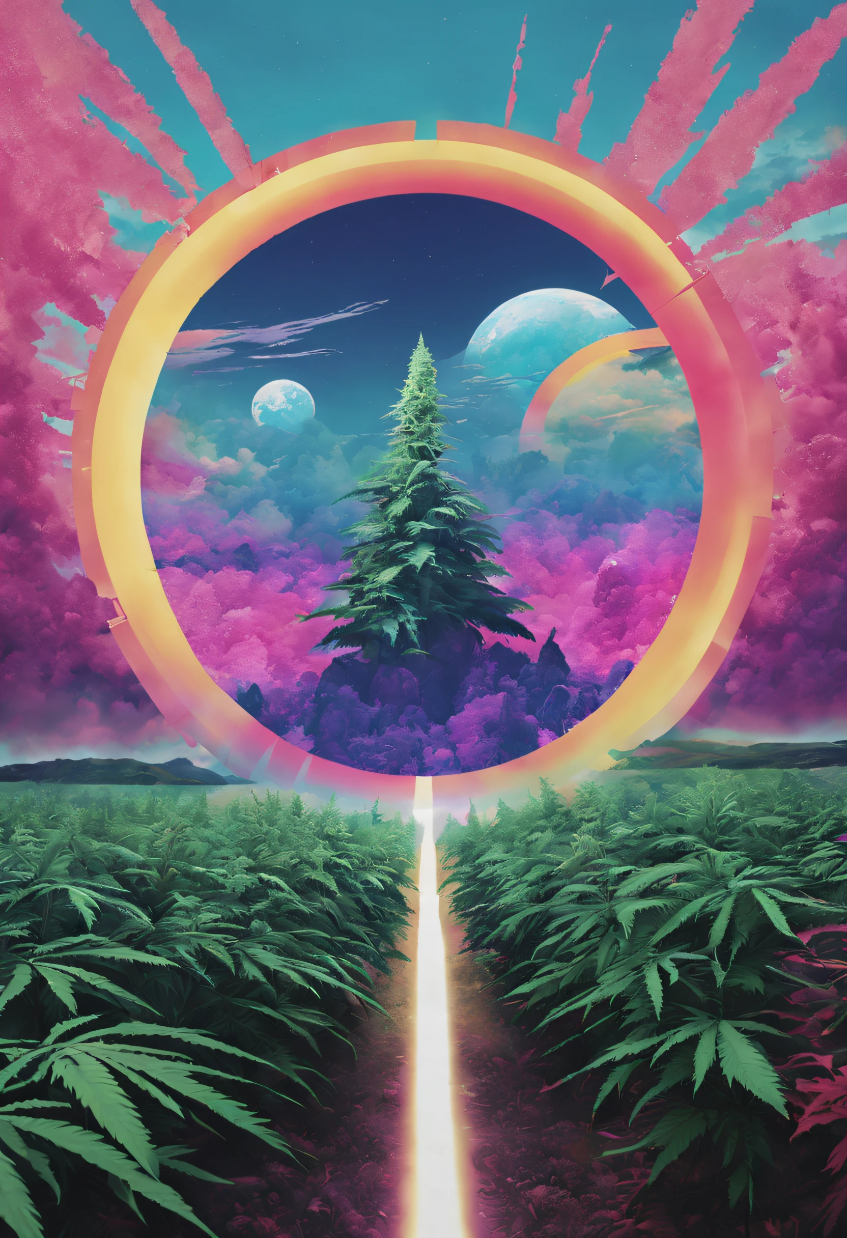「Die Zukunft der Cannabisfelder und Khemri」zum Thema、Ein Design zeichnen, das Kemri und die Möglichkeiten der Zukunft verbindet。Integrieren Sie glitzernde Farben und Glitch-Effekte、Erstellen Sie Bilder, die die neue Welt und die Möglichkeiten der Technologie darstellen。