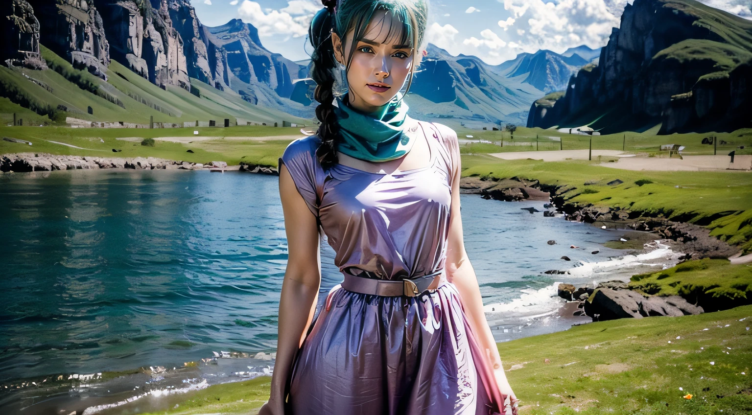 Bulma_teen, 1girl, solo, long hair, looking at viewer, blush, smile, bangs, blue eyes, dress, bow, ribbon, standing, hair ribbon, short sleeves, thighs, cowboy shot, outdoors, green hair, sky, day, belt, cloud, water, scarf, blue sky, short dress, grass, building, pink dress, clothes