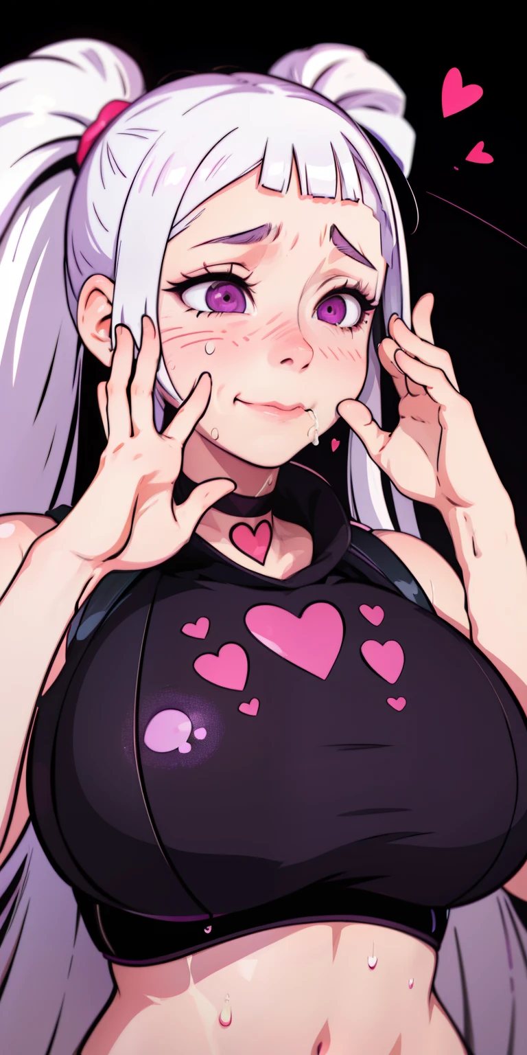 1girl,heart-shaped pupils,fingernails,hands on own face,white hair,purple eyes,(blush:1.1),choker,upper body,trembling,sweat,sweatdrop,heart,(speed lines:1.1),medium breasts, ((heavy breathing:1.3)), love, heart, crop top, happy, smile