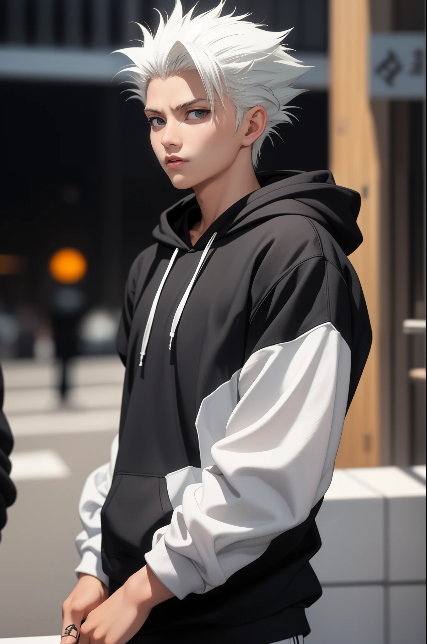 Meisterwerk, beste Qualität, gute Qualität, 1 Junge, Allein, männlicher Fokus, Betrachter betrachten, Oberkörper, hitsugaya_toushirou, trage Streetwear Hoodie, dynamische Beleuchtung, unscharfer Hintergrund