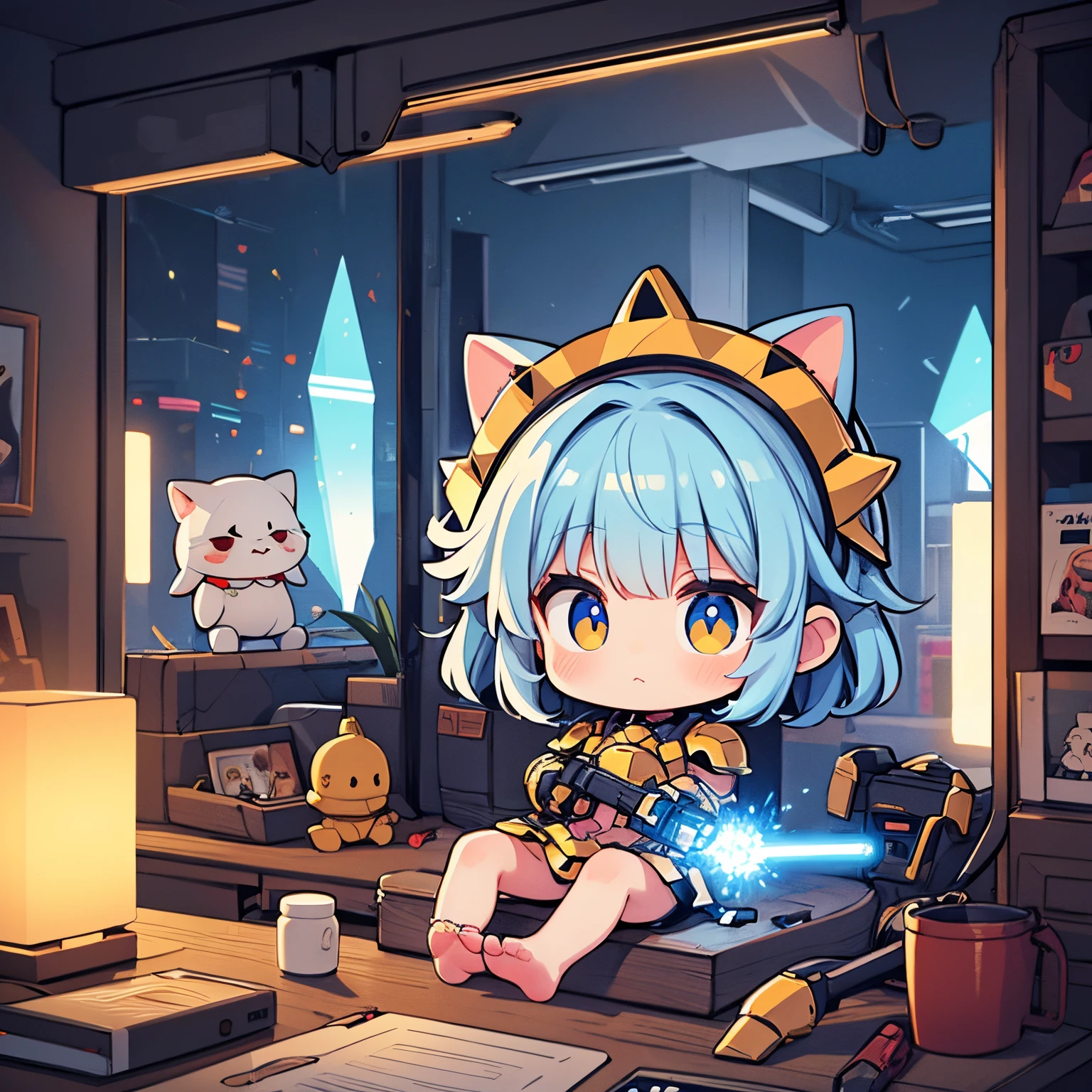 (​masterpiece、Detailed picture、Top image quality、Perfect drawing、perfect hand)、Android Girl、chibi,Cute、crystal body、super alloy armor、eyes glowing red、jet spray from feet、Psycho gun in left hand、Lightsaber in your right hand