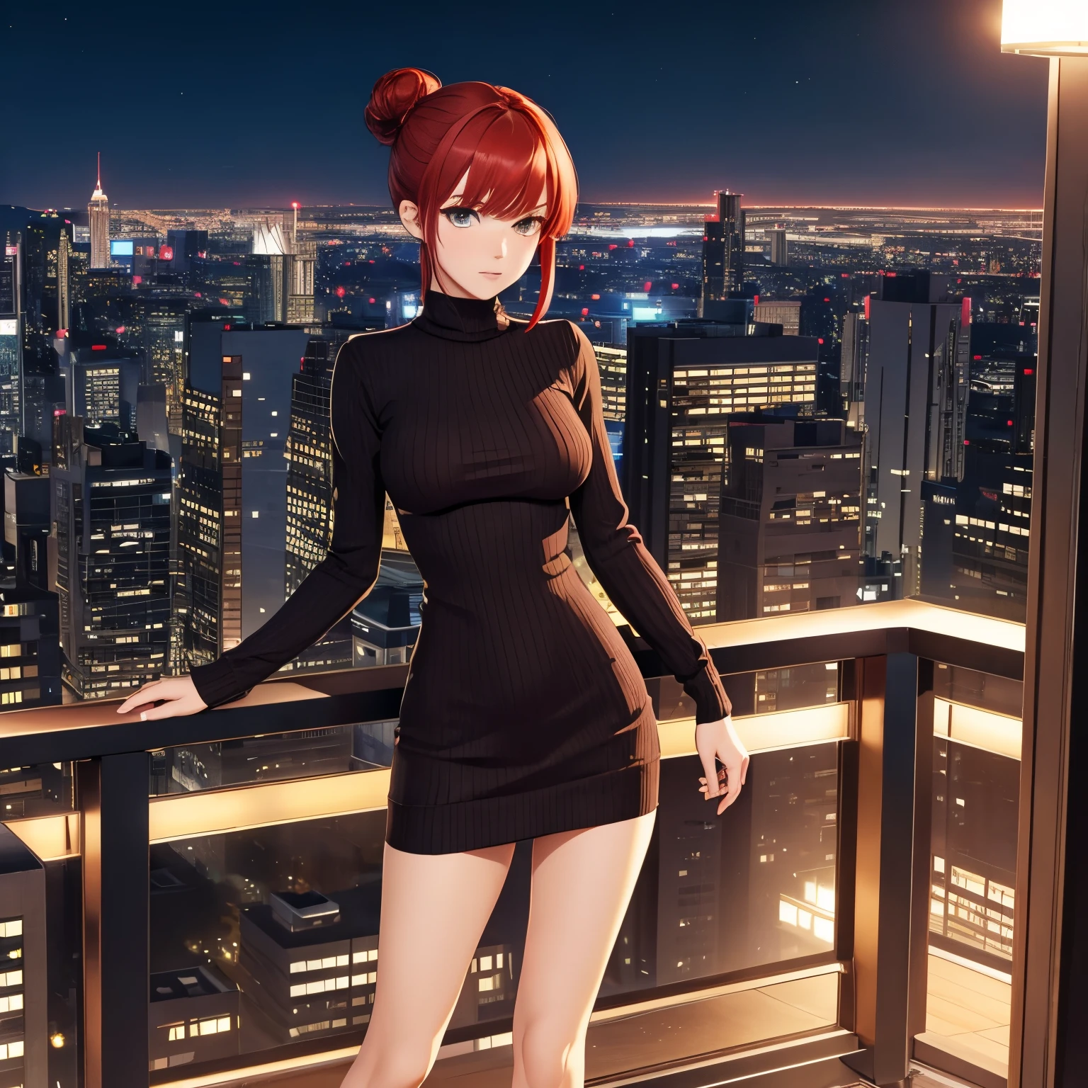 Midnight, Best quality, 8k, Masterpiece, Whole body, Long legs, Sharp focus, A pretty woman with perfect figure, Slender abs, red hair, short hair, hair bun, bangs, small breasts, tight sweater dress, Standing, Night city view, Rooftop, Detailed eyes, smug, blushing