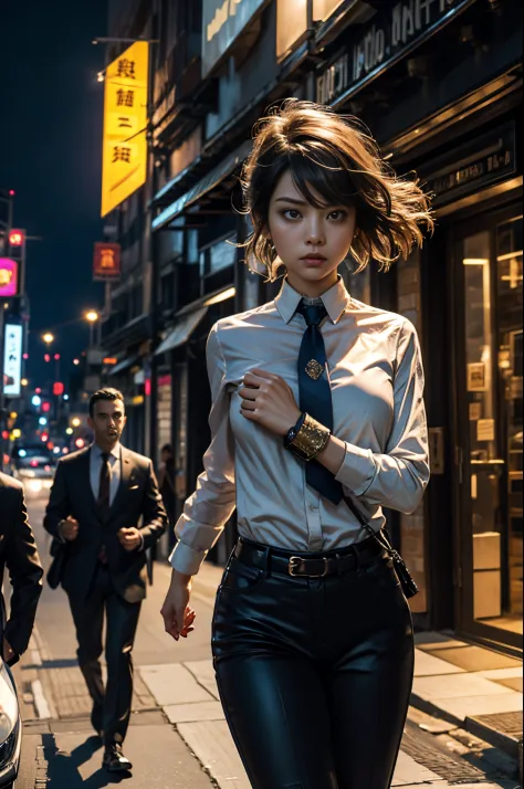 Big city at night、Female Detective、chasing the criminal、((Desperate face))、Running、Sweat flows、suits、tie handcuffs、Batons