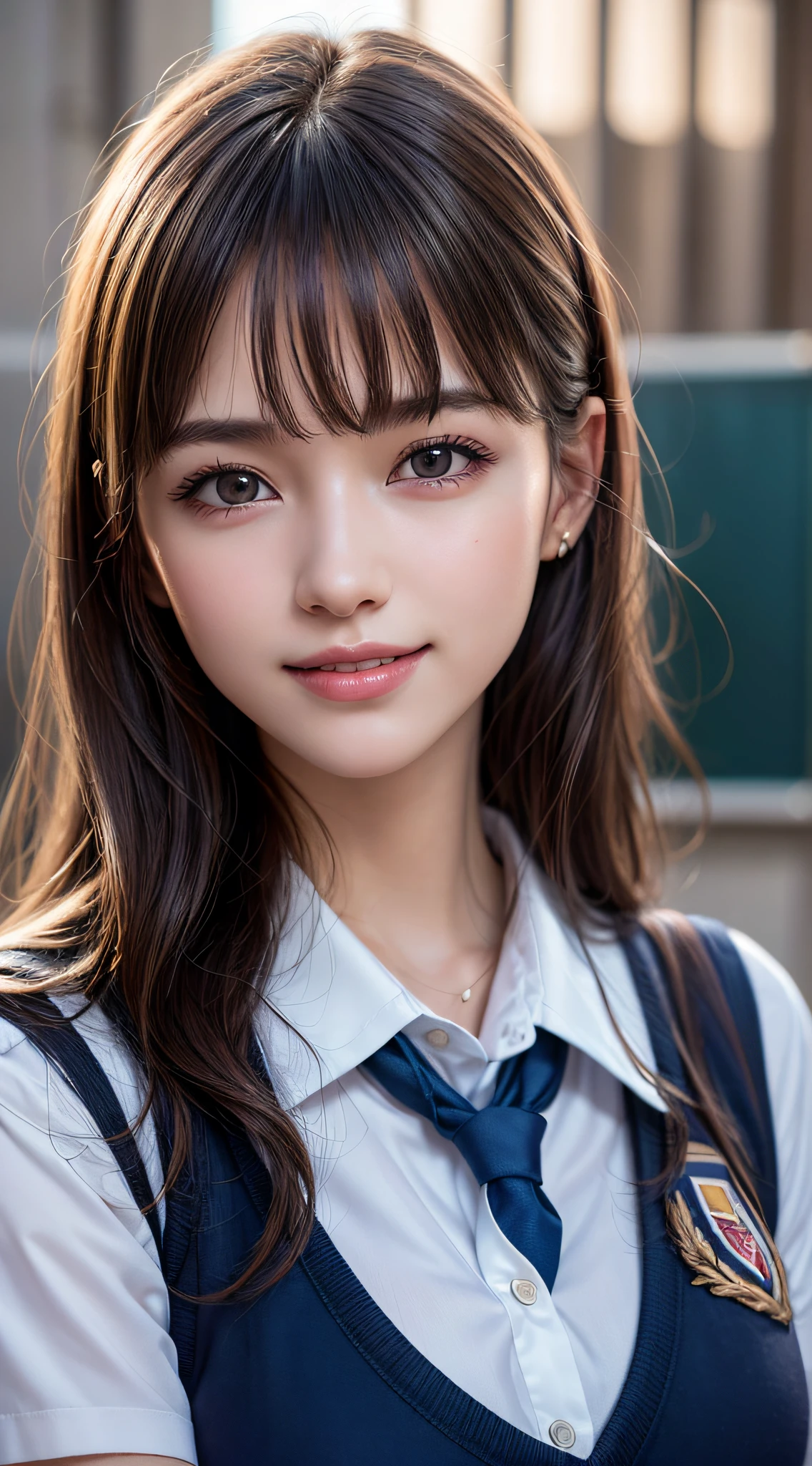 1girl, Extremely cute, Amazing face and eyes, (Beautiful lovely smile), (extremely detailed beautiful face), bright and shiny lips,  keep staring at me, super beautiful, (school uniform:1.3), (Best Quality:1.4), (hyper quality), (Ultra-detailed), (hyper-realistic, Photorealsitic:1.37), Authentic skin texture, cextremely detailed CG unified 8k wallpaper, RAW Photos, professional photograpy, Cinematic lighting,