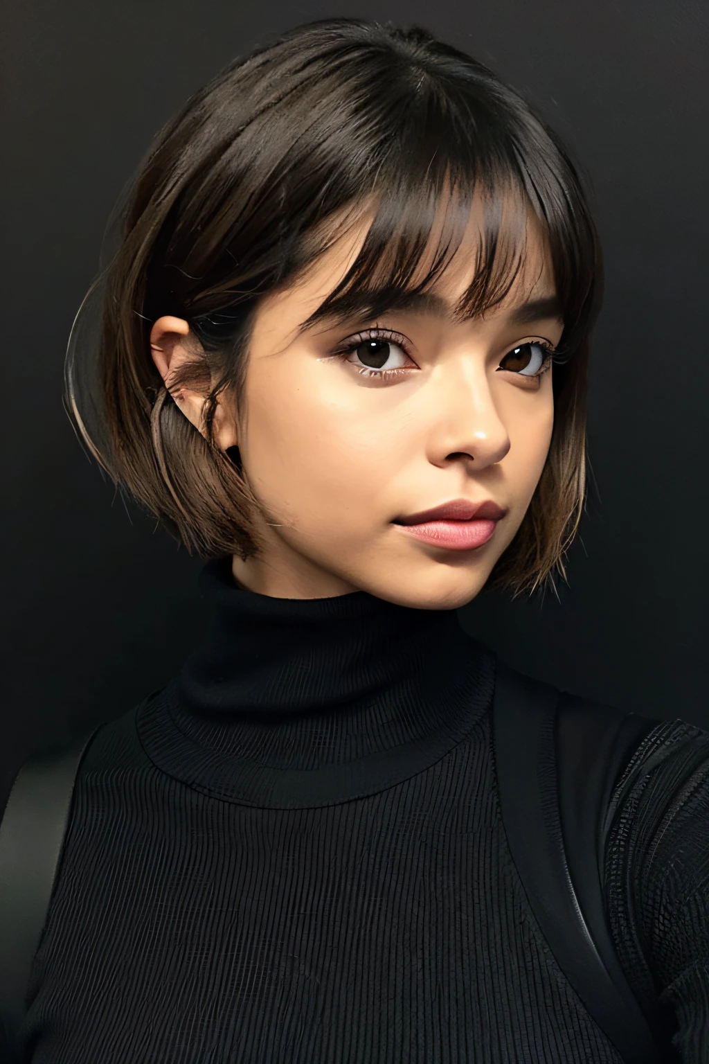 A close up of a young woman with a black turtle neck top - SeaArt AI