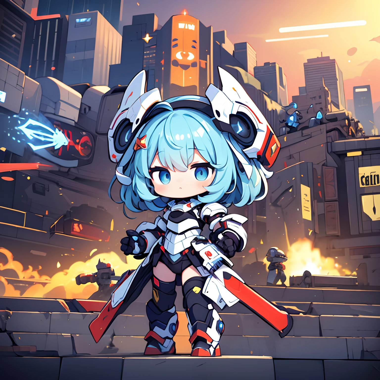 (​masterpiece、Detailed picture、Top image quality、Perfect drawing、perfect hand)、An android girl who fights against enemy fleets to protect the city.、chibi,Cute、crystal body、super alloy armor、eyes glowing red、jet spray from feet、Psycho gun in left hand、Lightsaber in your right hand、dynamic ungle