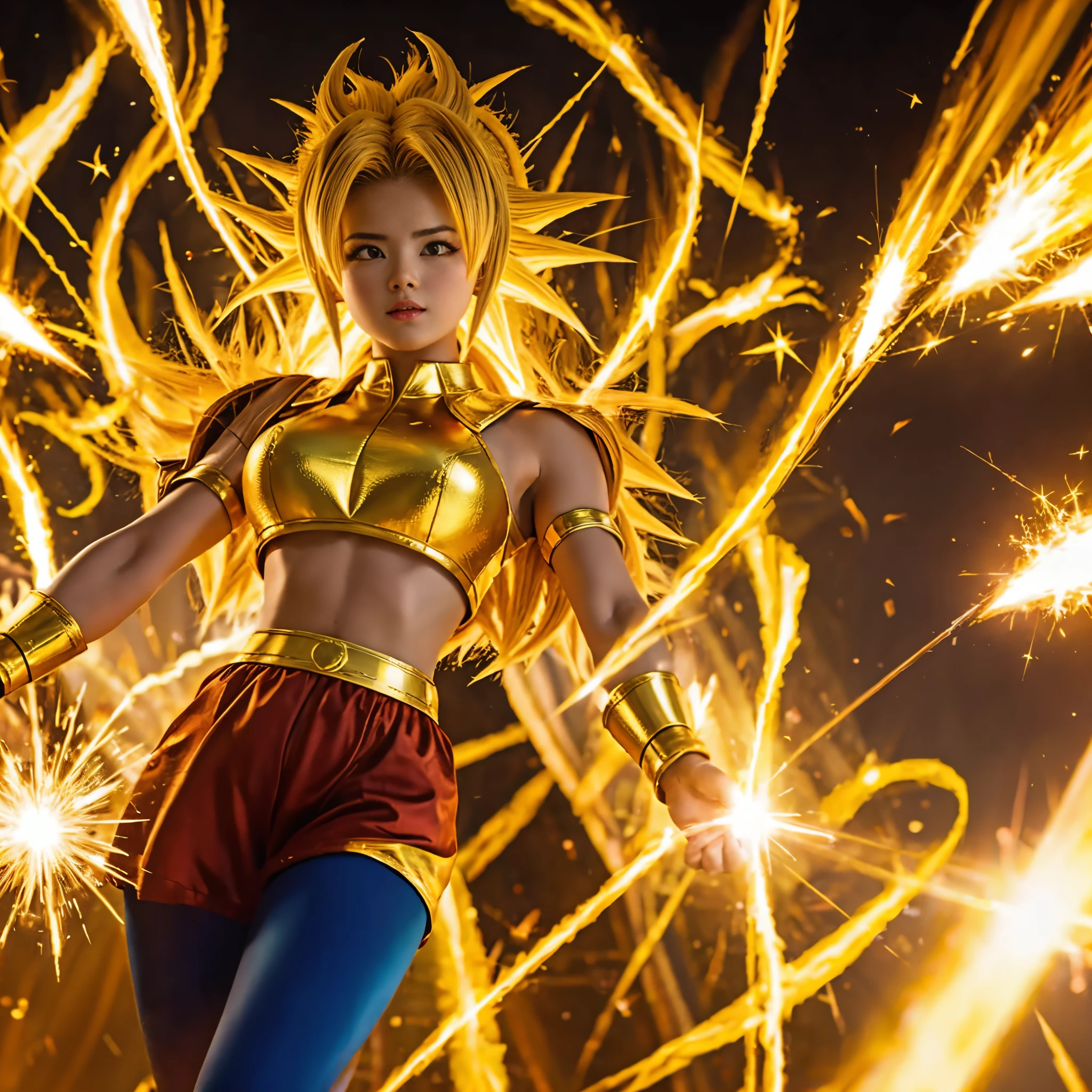 fille super saiyan, aura dorée, Étincelle, Libérez une vague d’énergie, haute qualité