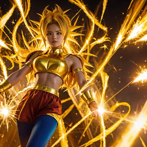 Super Saiyan Girl, Golden aura, Spark, Unleash a wave of energy, hightquality