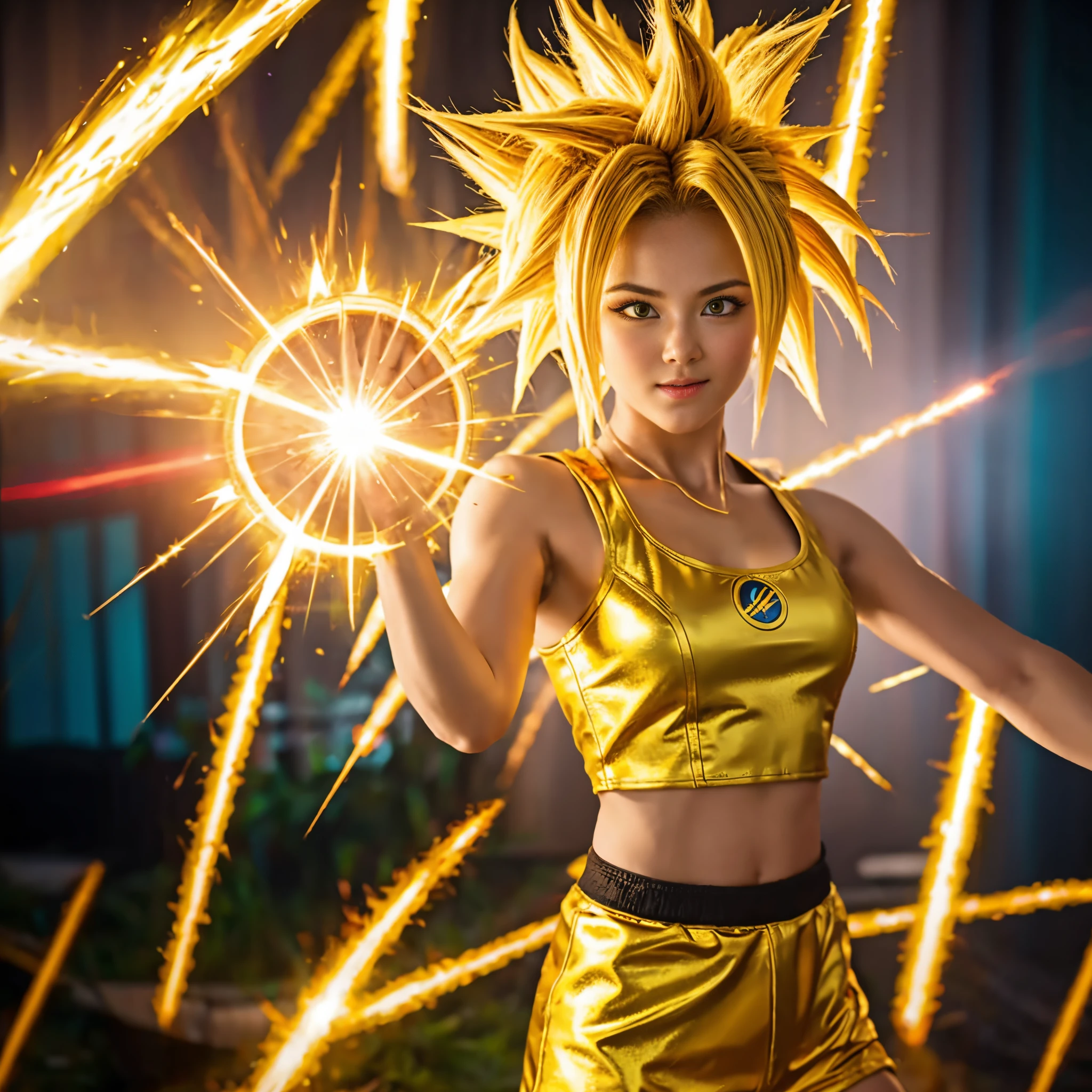 fille super saiyan, aura dorée, Étincelle, Libérez une vague d’énergie, haute qualité