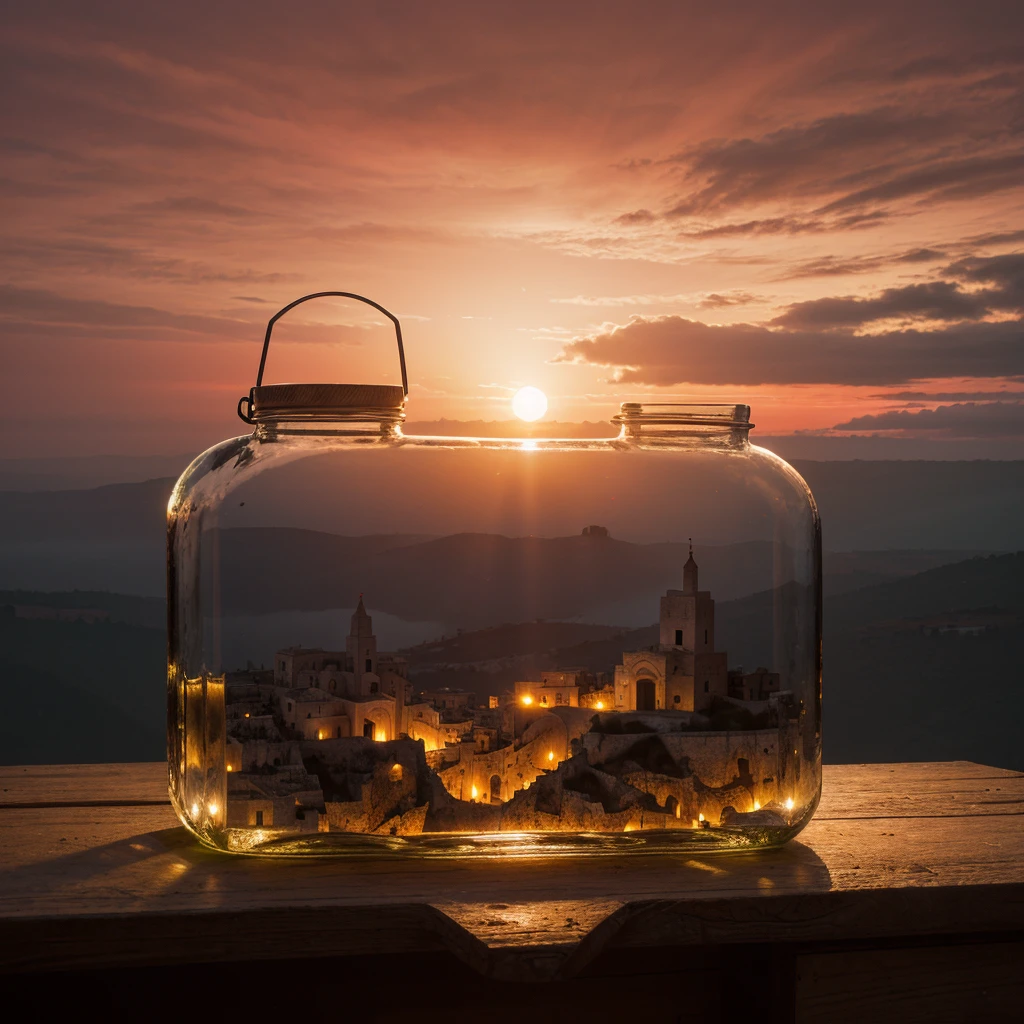 (An intricate minitown Matera landscape trapped in a jar with cap), atmospheric oliva lighting, on a white desk, 4k UHD, dark vibes, hyper detailed, vibrant colours red sky background, epic composition, octane render, sharp focus, high resolution isometric, closeup view.