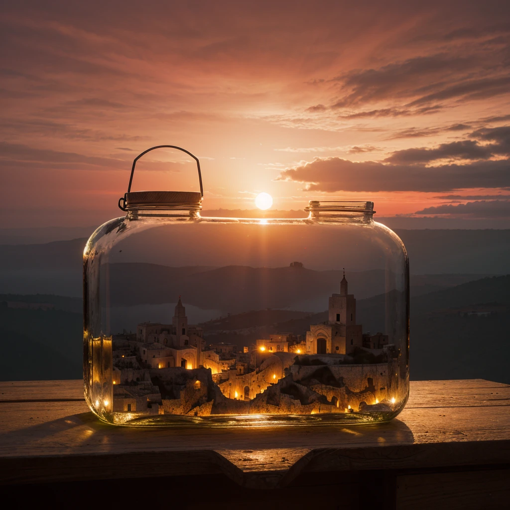 (Uma intrincada paisagem da minicidade de Matera presa em uma jarra com tampa), iluminação oliva atmosférica, em uma mesa branca, 4K Ultra HD, vibrações sombrias, hiper detalhado, cores vibrantes fundo do céu vermelho, composição épica, renderização de octanagem, foco nitído, isométrica de alta resolução, visão aproximada.