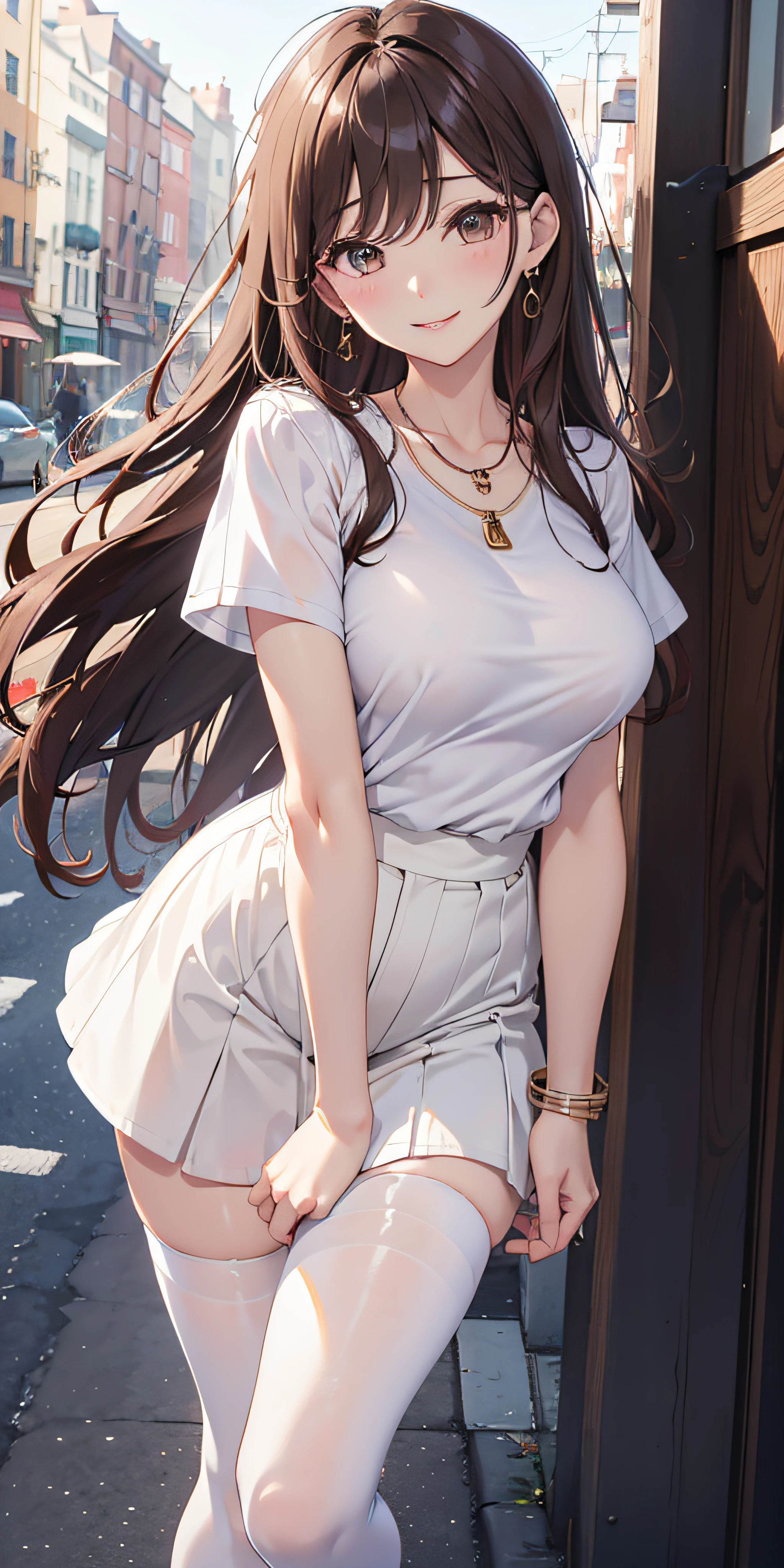 Anime girl with long brown hair leaning against a wall - SeaArt AI