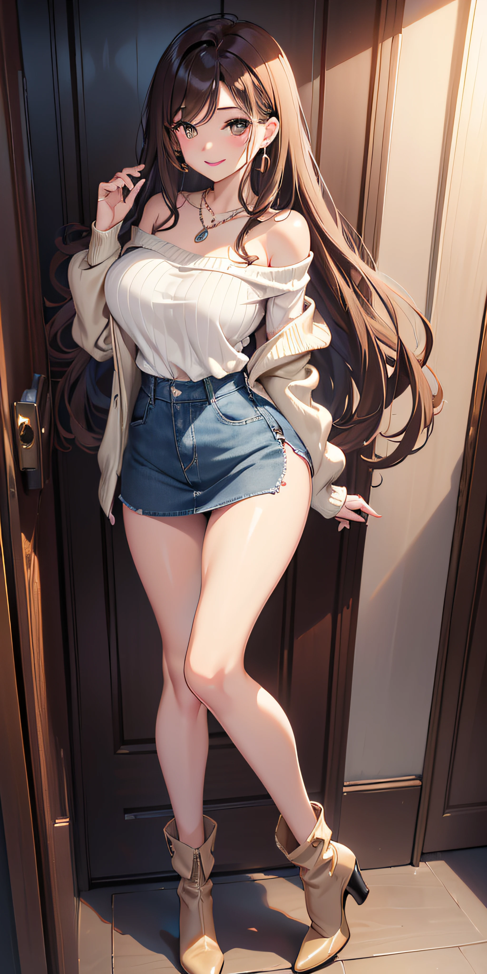 Anime girl with long hair and a white shirt posing in front of a door -  SeaArt AI