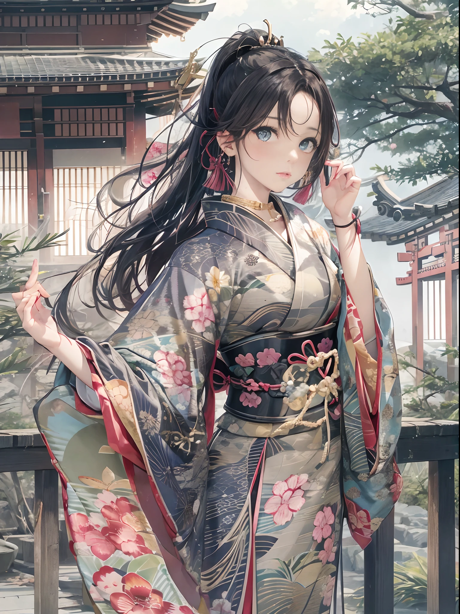Long ponytail, Eyes are brown, Woman with black hair、sexy facial expression、wear a green kimono、beautiful japanese princess、Colossal 、Beautiful hands in calculation、Calculated beautiful feet、Anatomy of the hand、japanese kimono、Top image quality,High quality、ＲAW Image、Realistic、The background is inside the castle of Japan、Luxurious、gorgeous、Elegant