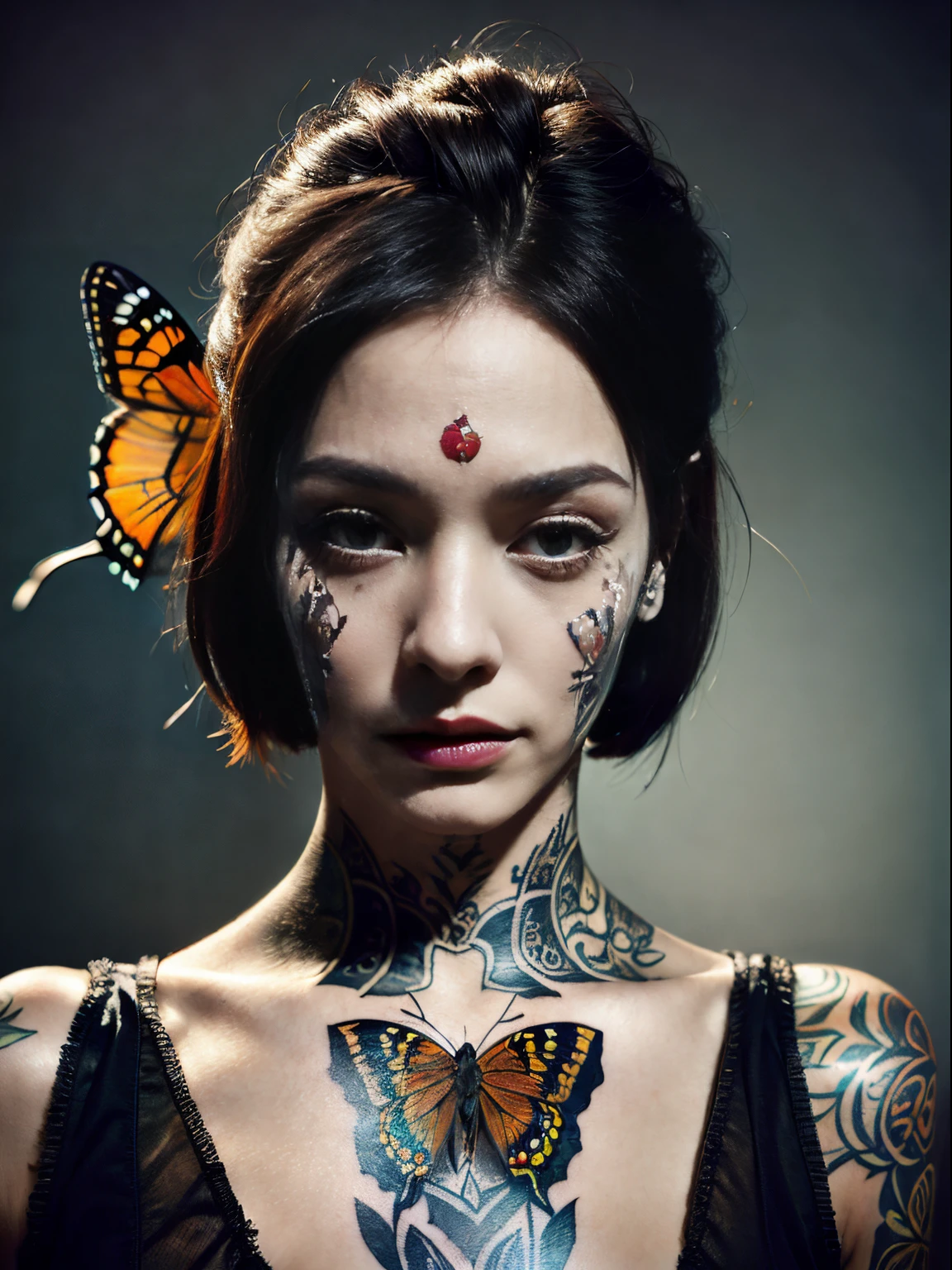 uma linda mulher&#39;Rosto coberto de tatuagens de borboletas，borboletas ， tatuagens inspiradas em filmes《O Silêncio dos Inocentes》pôster para，Surreal，terror，filme de ação，3 Renderização，Maravilhoso e mágico