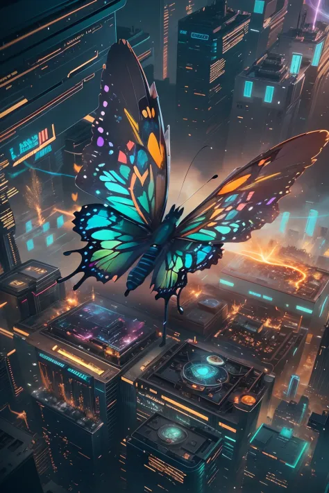 CircuitBoardAI butterfly close-up，The background is lightning, radiated butterfly,  butterfly in starry sky，Futuristic sci-fi bu...